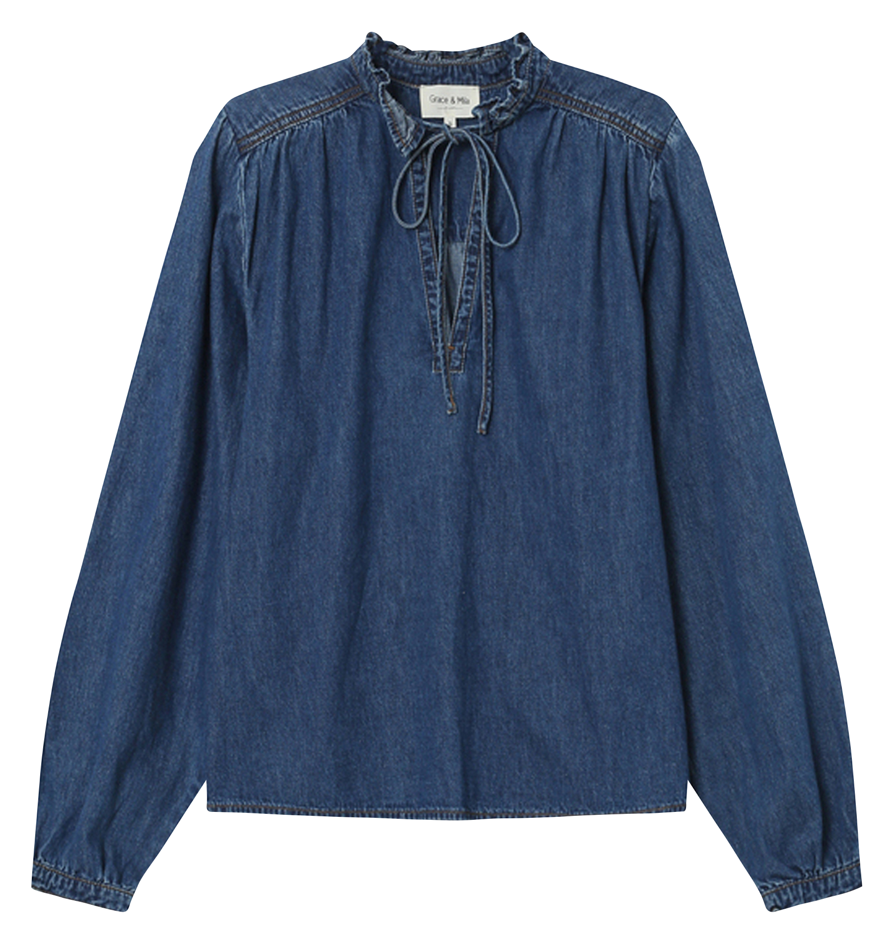 Blouse col rond en denim de coton mélangé GRACE ET MILA Bleu