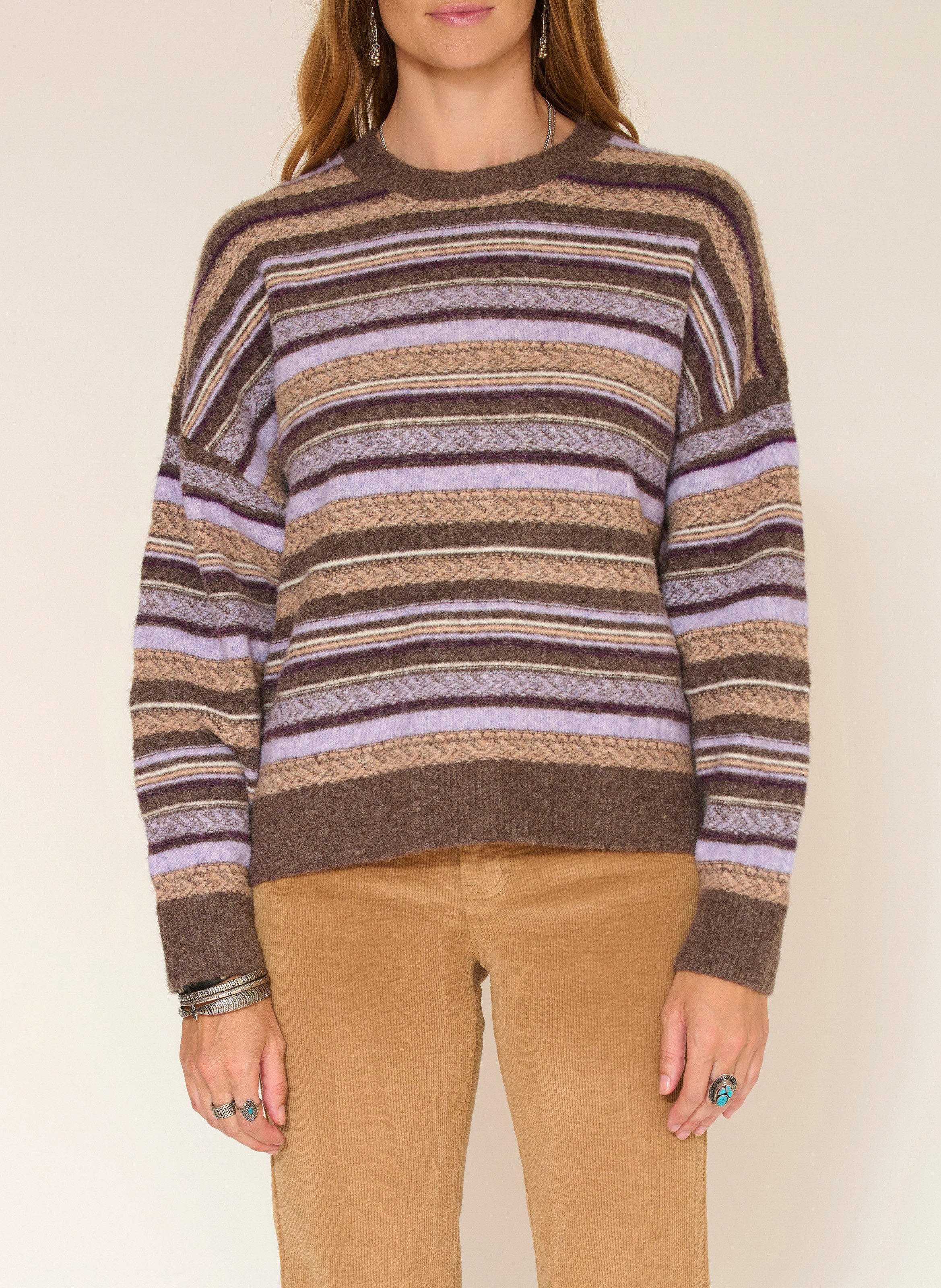 Pull ample col rond rayé en laine mélangée MKT Marron