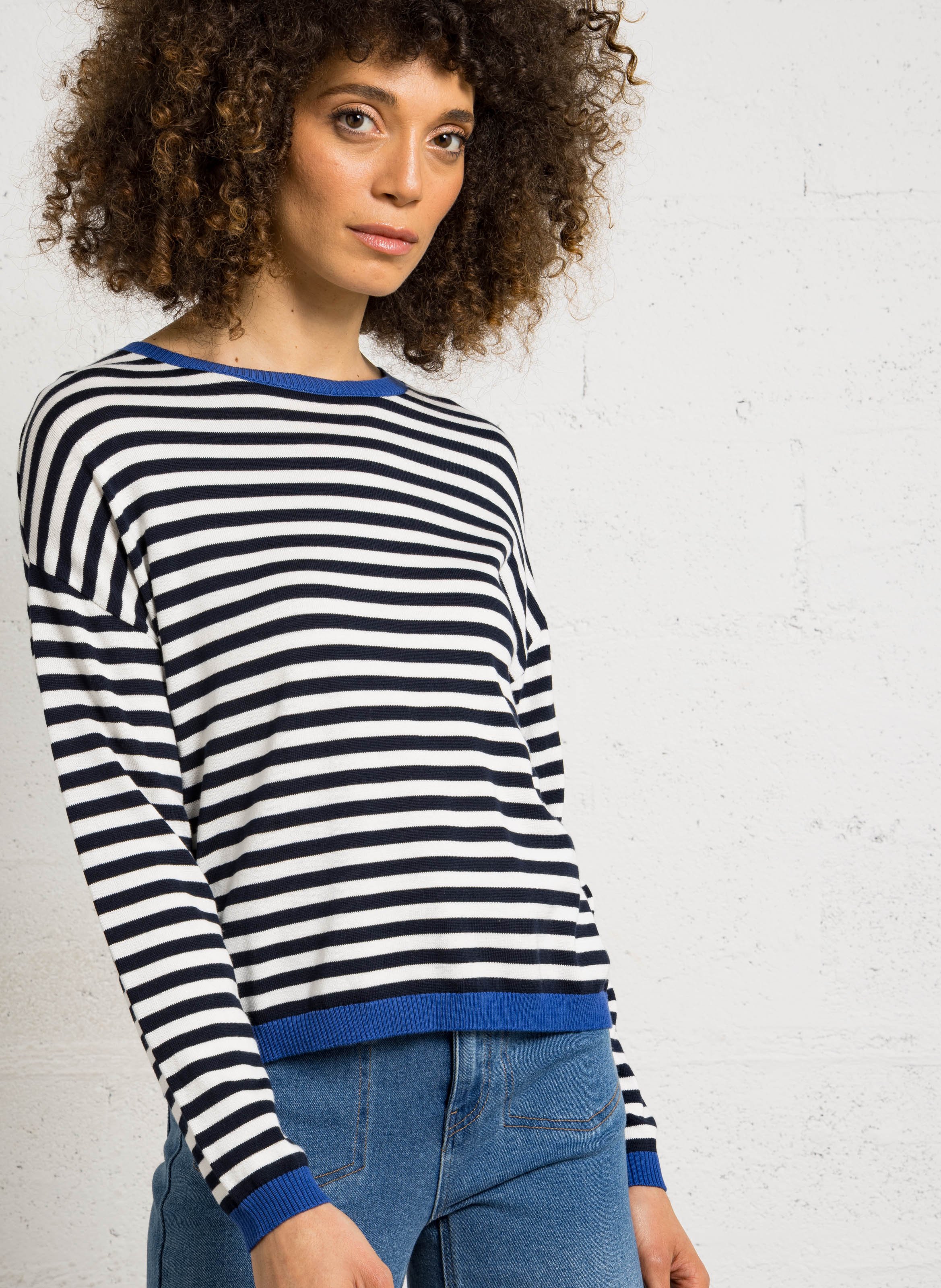 Gestreifter Oversized-Pullover mit Rundhalsausschnitt aus Baumwoll-Mix SUD EXPRESS Blau