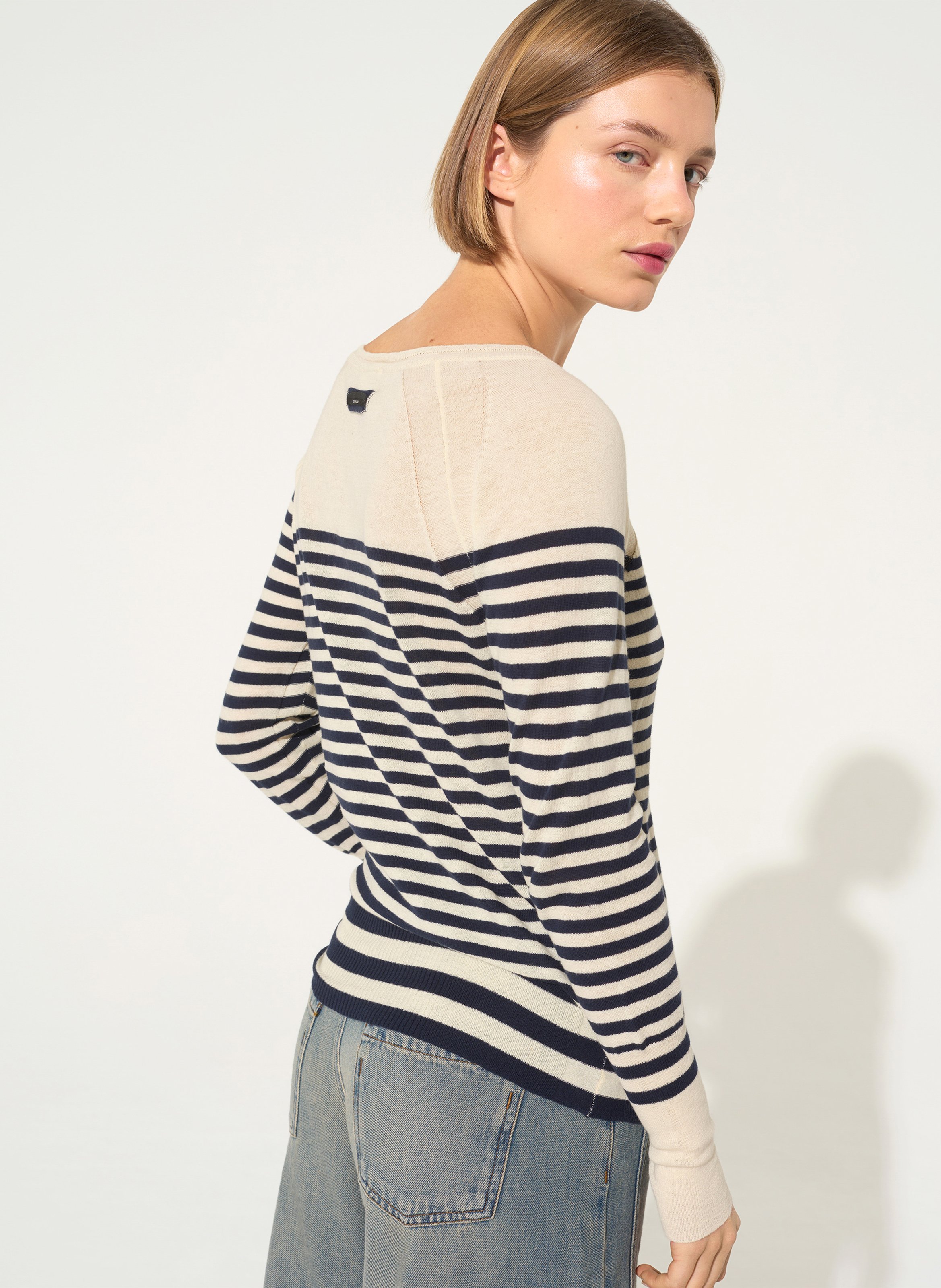 Pull droit col bateau rayé en coton COTELAC ACOTE Blanc