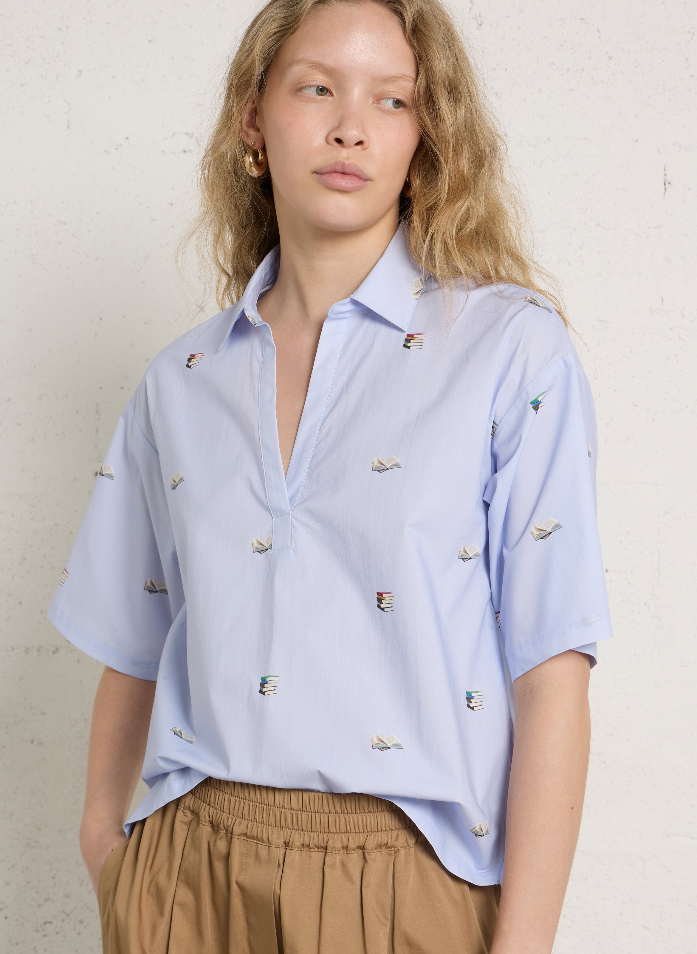 Blouse ample col V imprimée en coton NICE THINGS Bleu