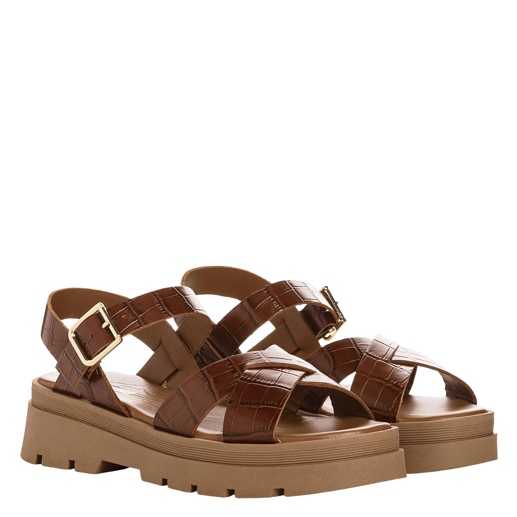 Sandales plates en cuir embossé REQINS Marron