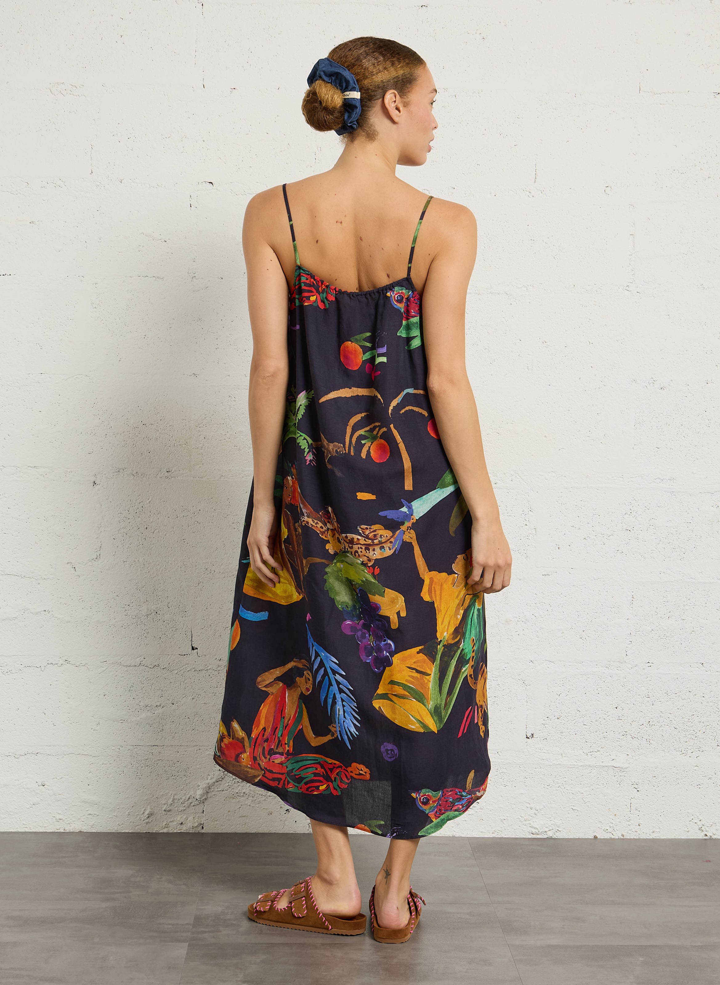 Long round neck dress in printed blended linen G.KERO Black