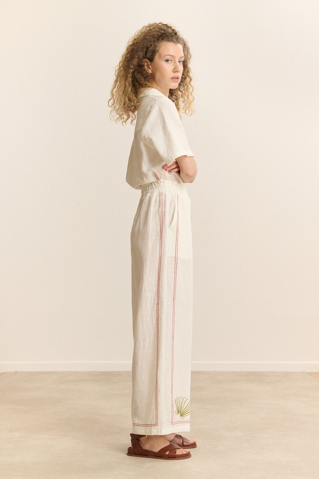 Wide elasticated trousers with embroidery GARANCE PARIS White