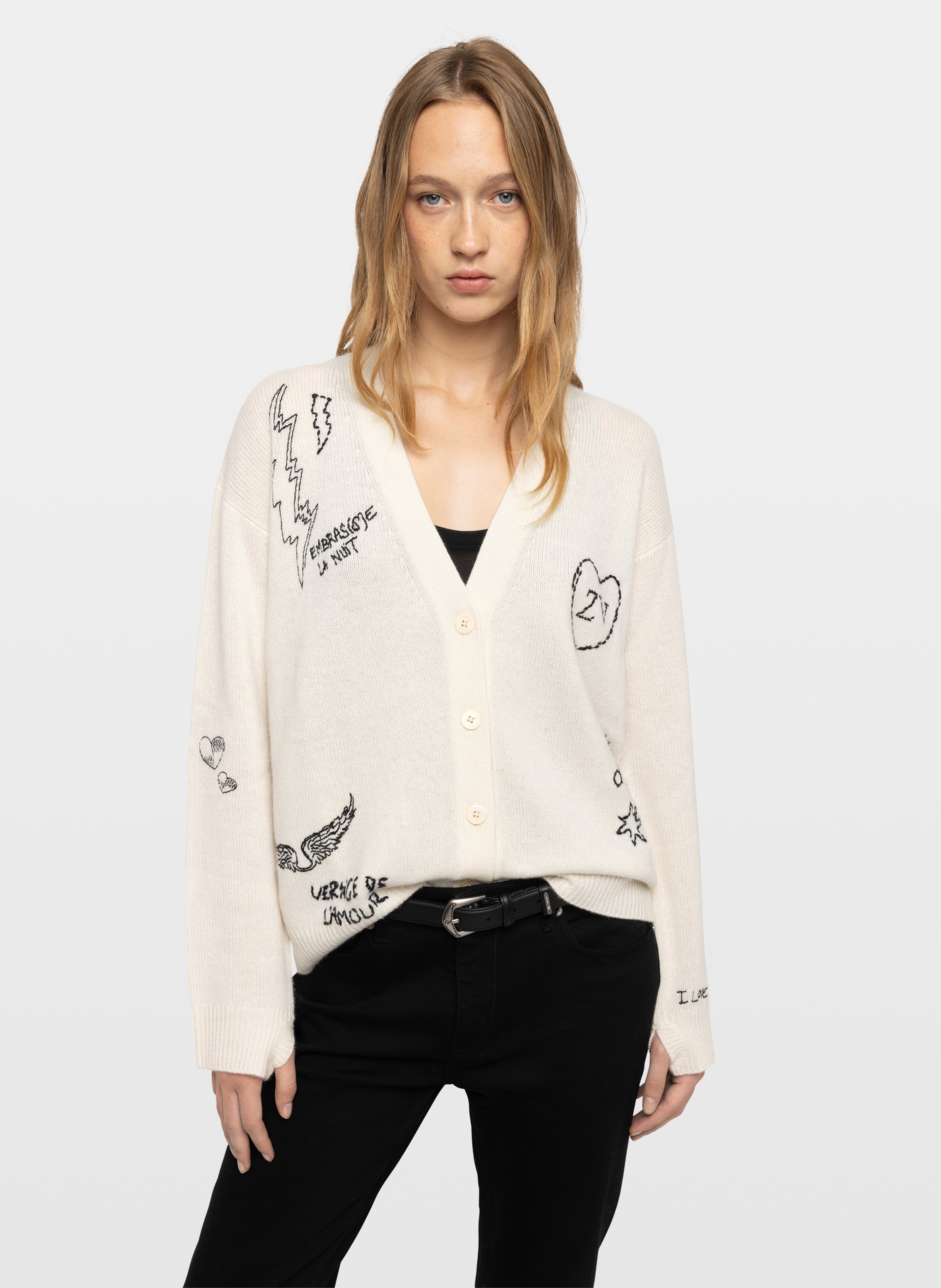 Weit geschnittener Cardigan mit bestickten Cashmere-Mustern. ZADIG&VOLTAIRE Beige