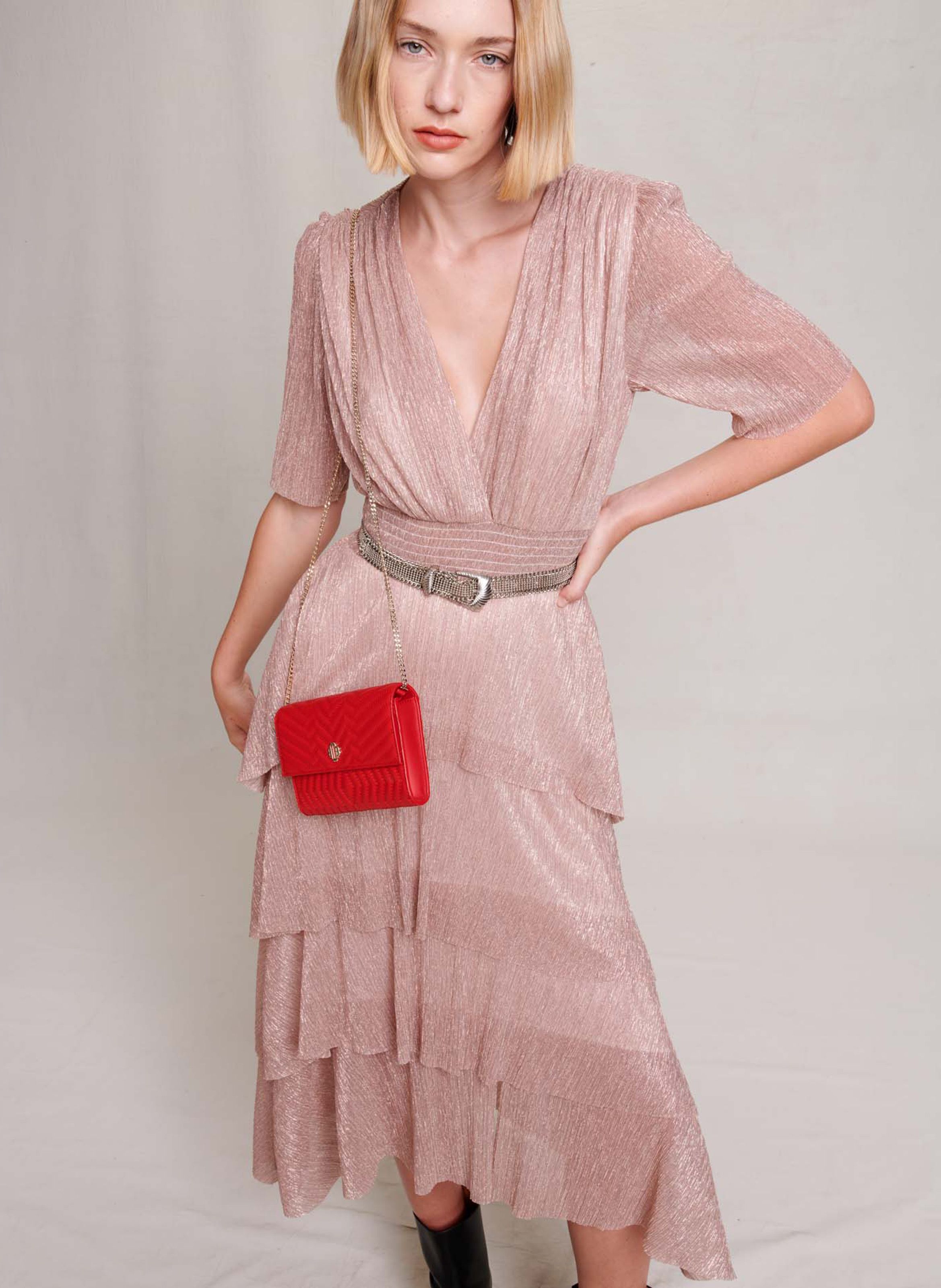 Robe midi col V lam e volants Rose