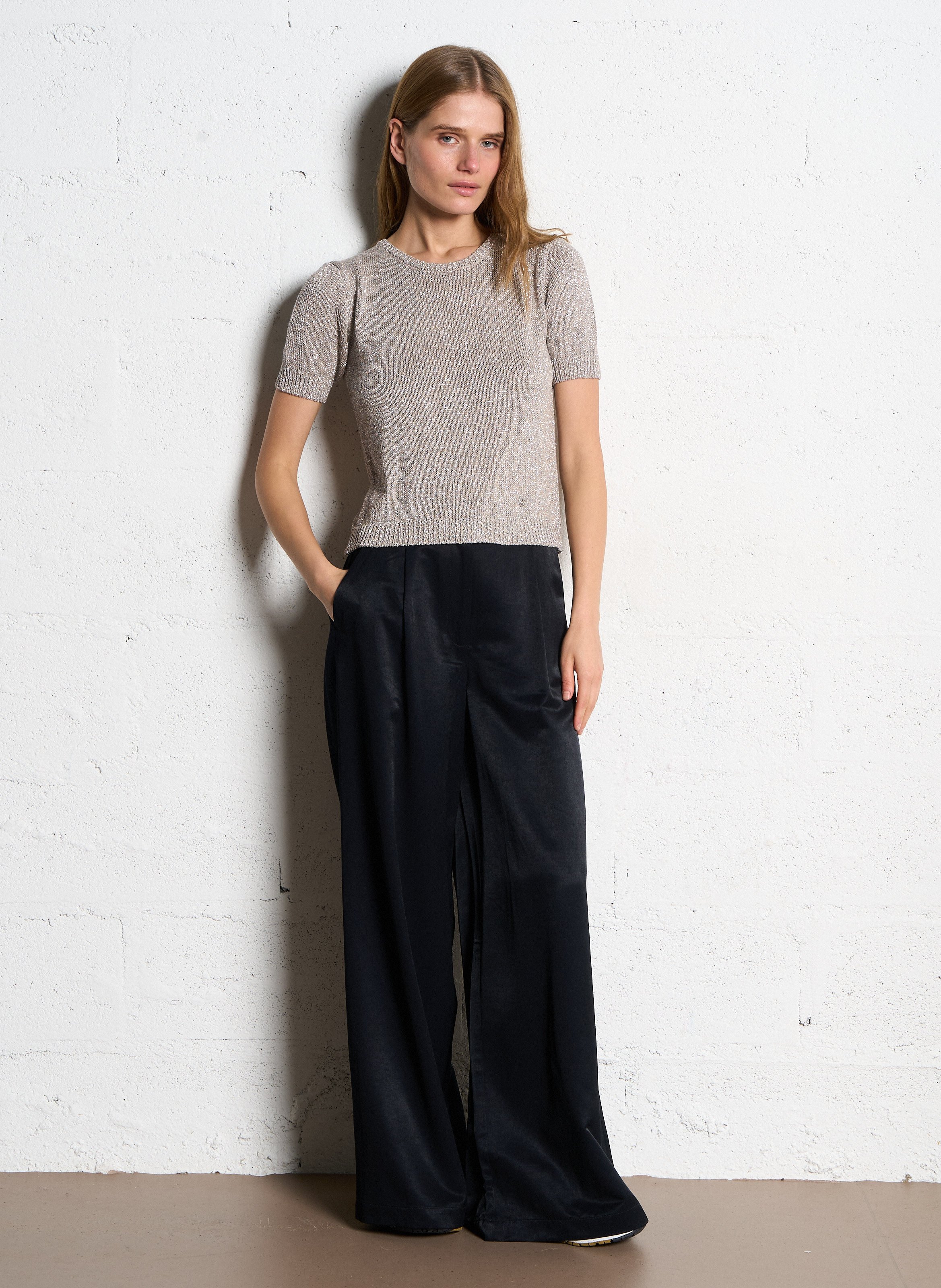 Pull col rond métallisé PLEASE Beige