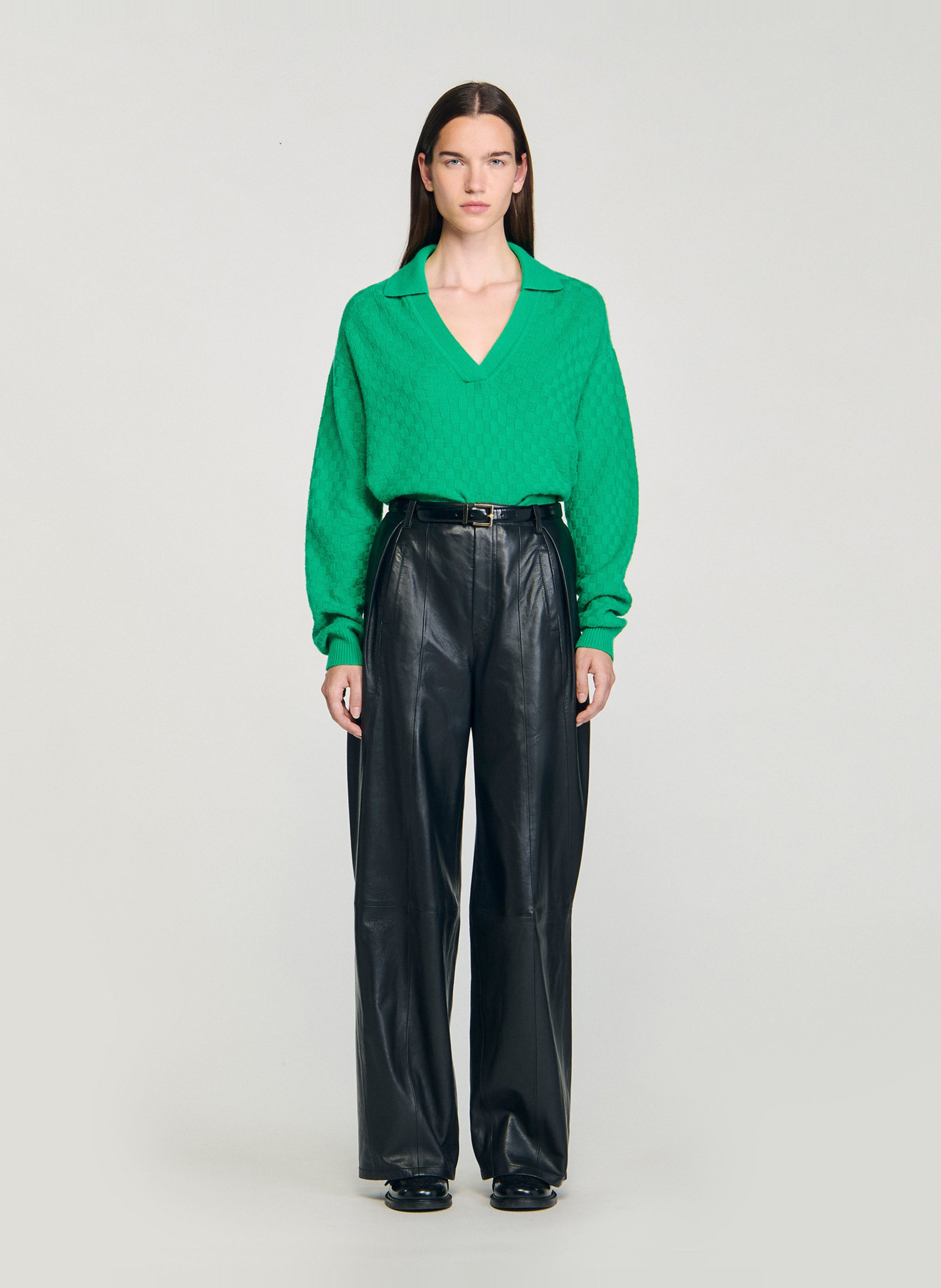 Pantalon large taille haute en cuir SANDRO Noir