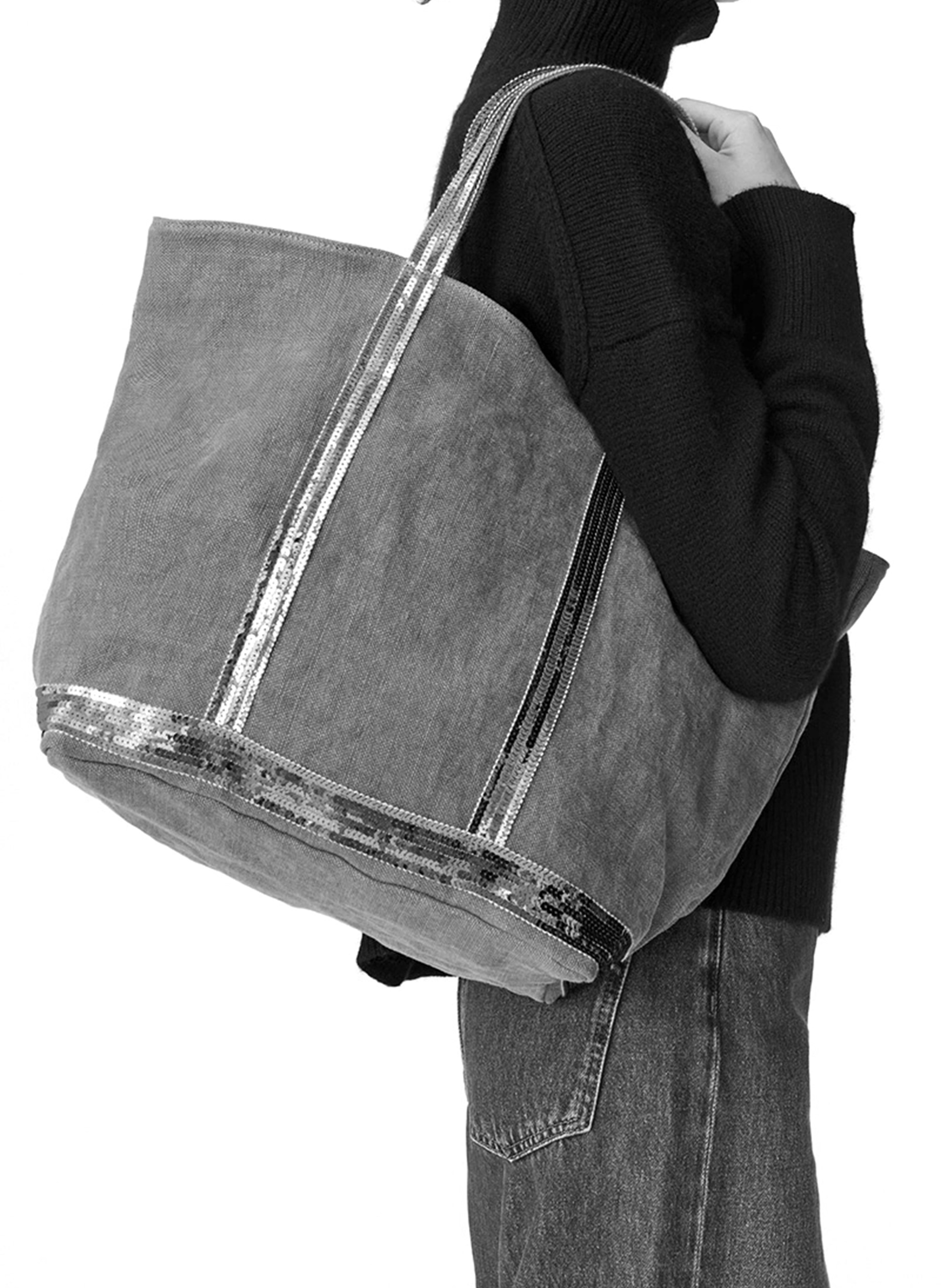 Sequin-embroidered linen tote bag VANESSA BRUNO Grey