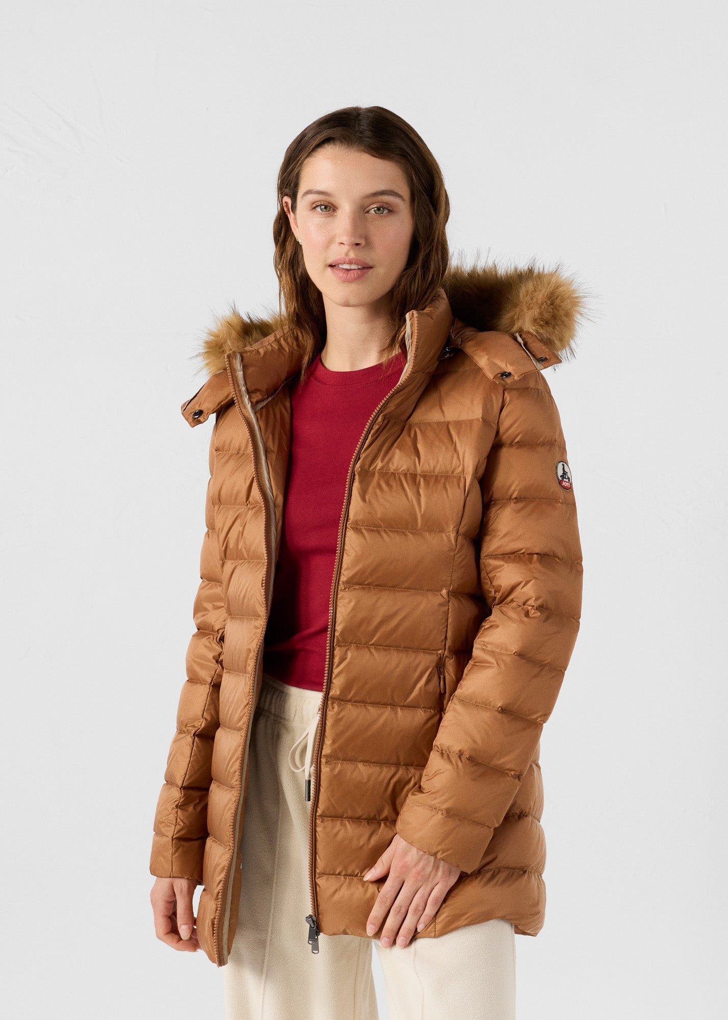 Mid-length puffer coat for extreme cold in pearl JOTT Brown