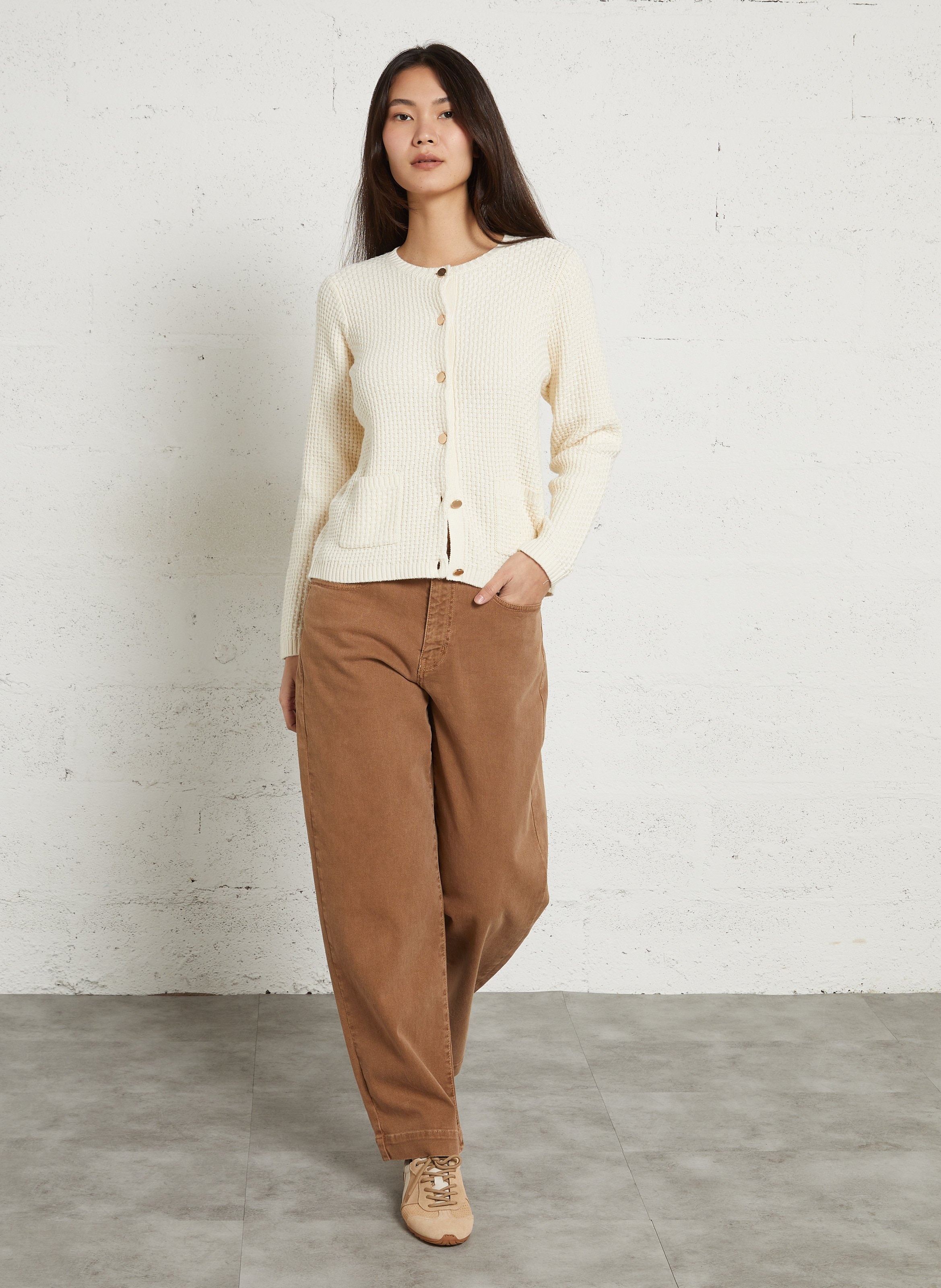 Gilet droit col rond en coton mélangé SUD EXPRESS Beige