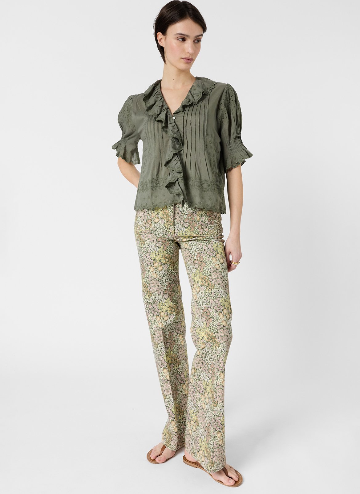 Top manches courtes brodé à volants GERARD DAREL Kaki