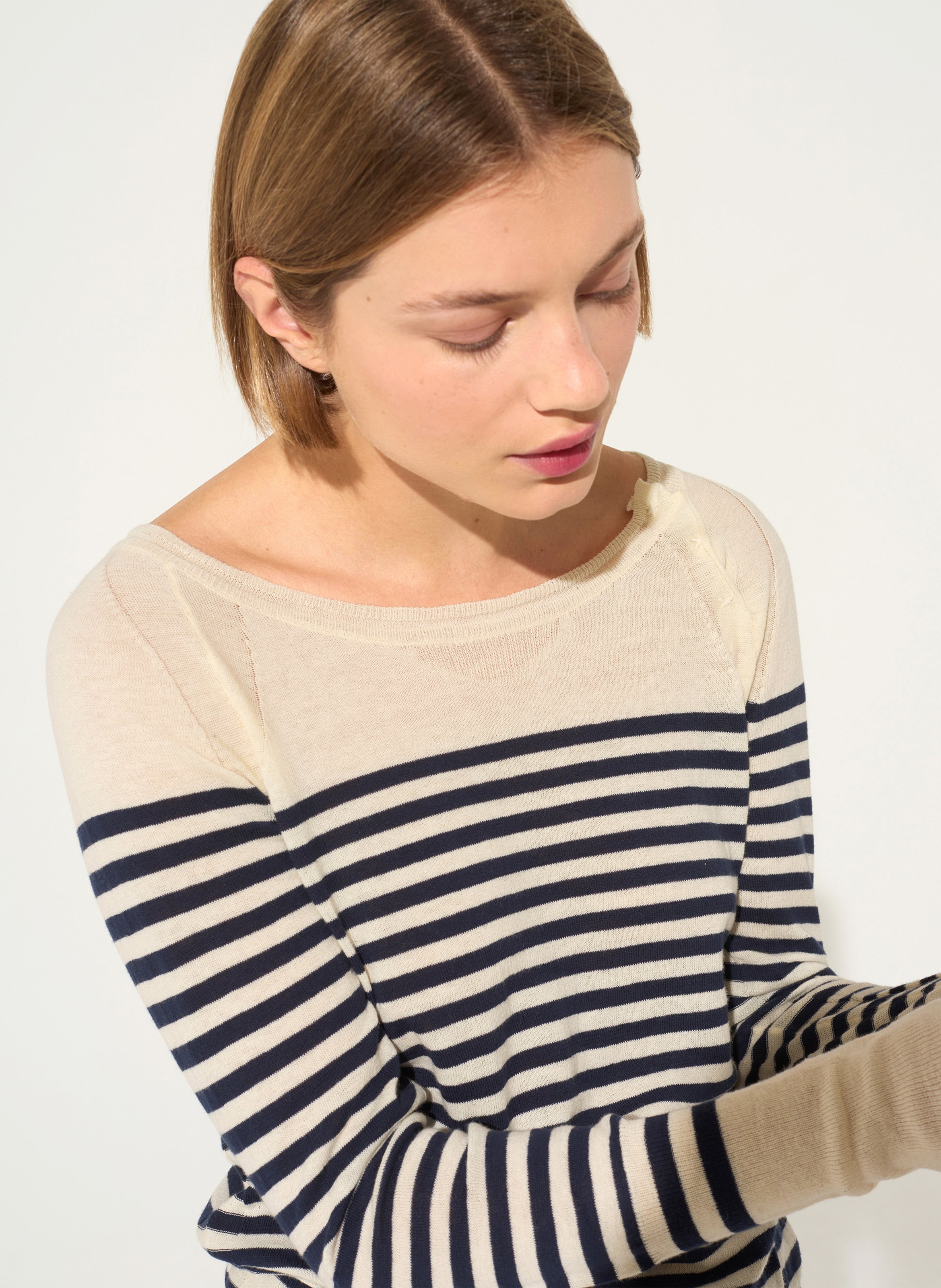 Pull droit col bateau rayé en coton COTELAC ACOTE Blanc