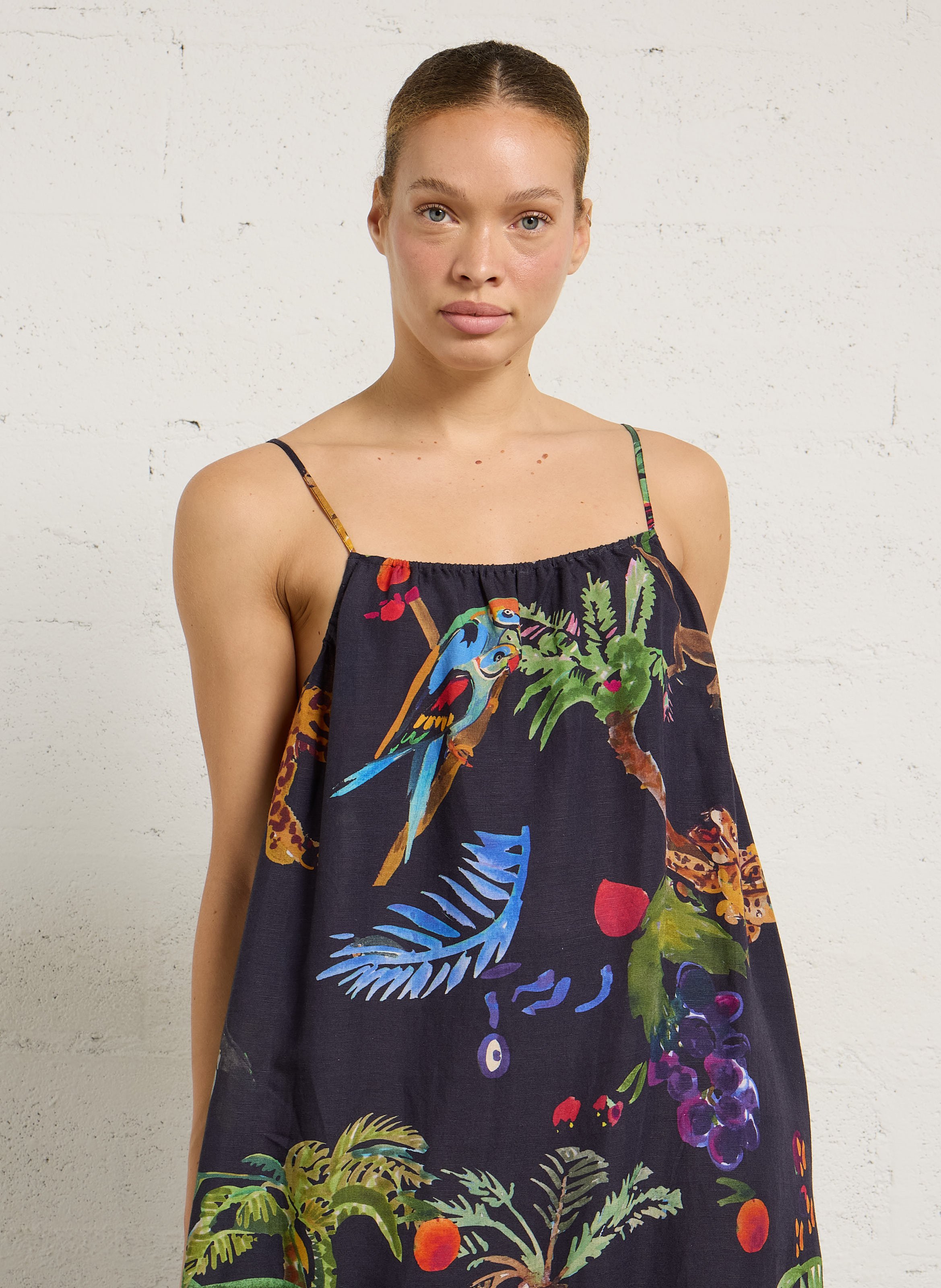 Long round neck dress in printed blended linen G.KERO Black