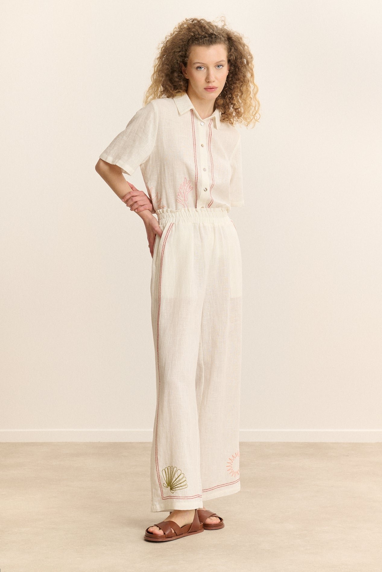 Wide elasticated trousers with embroidery GARANCE PARIS White
