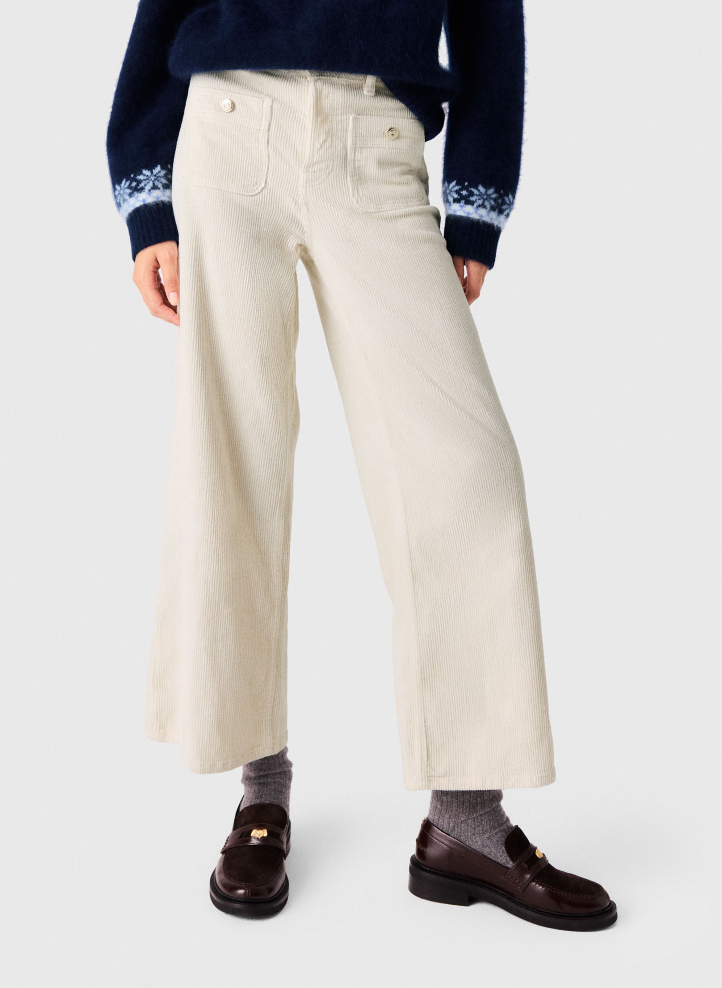 Pantalon large côtelé en coton mélangée MAJE Beige