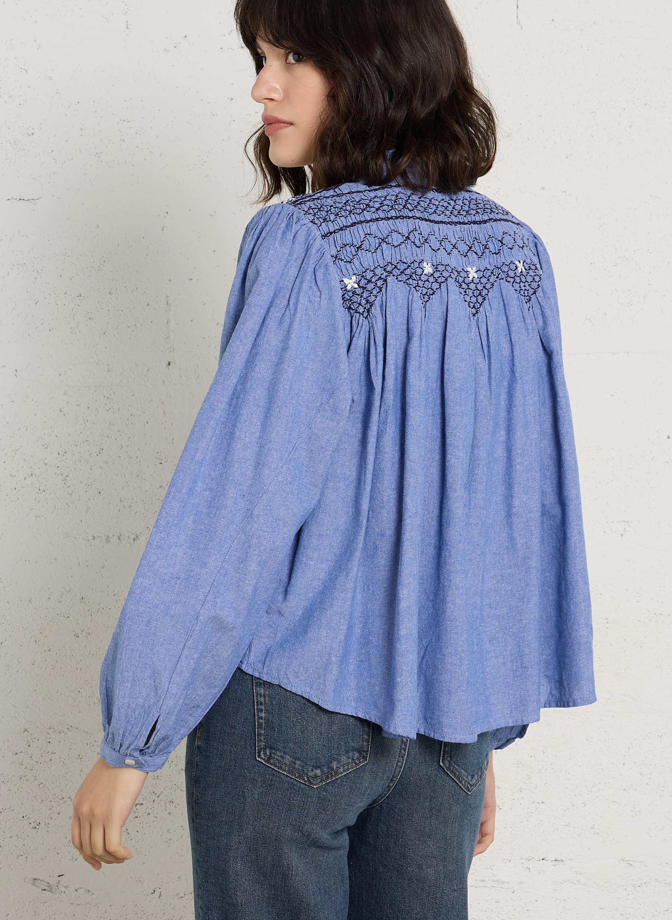 Bluse aus Bio-Baumwolle mit Rundhalskragen und Stickerei LOUISE MISHA Blau