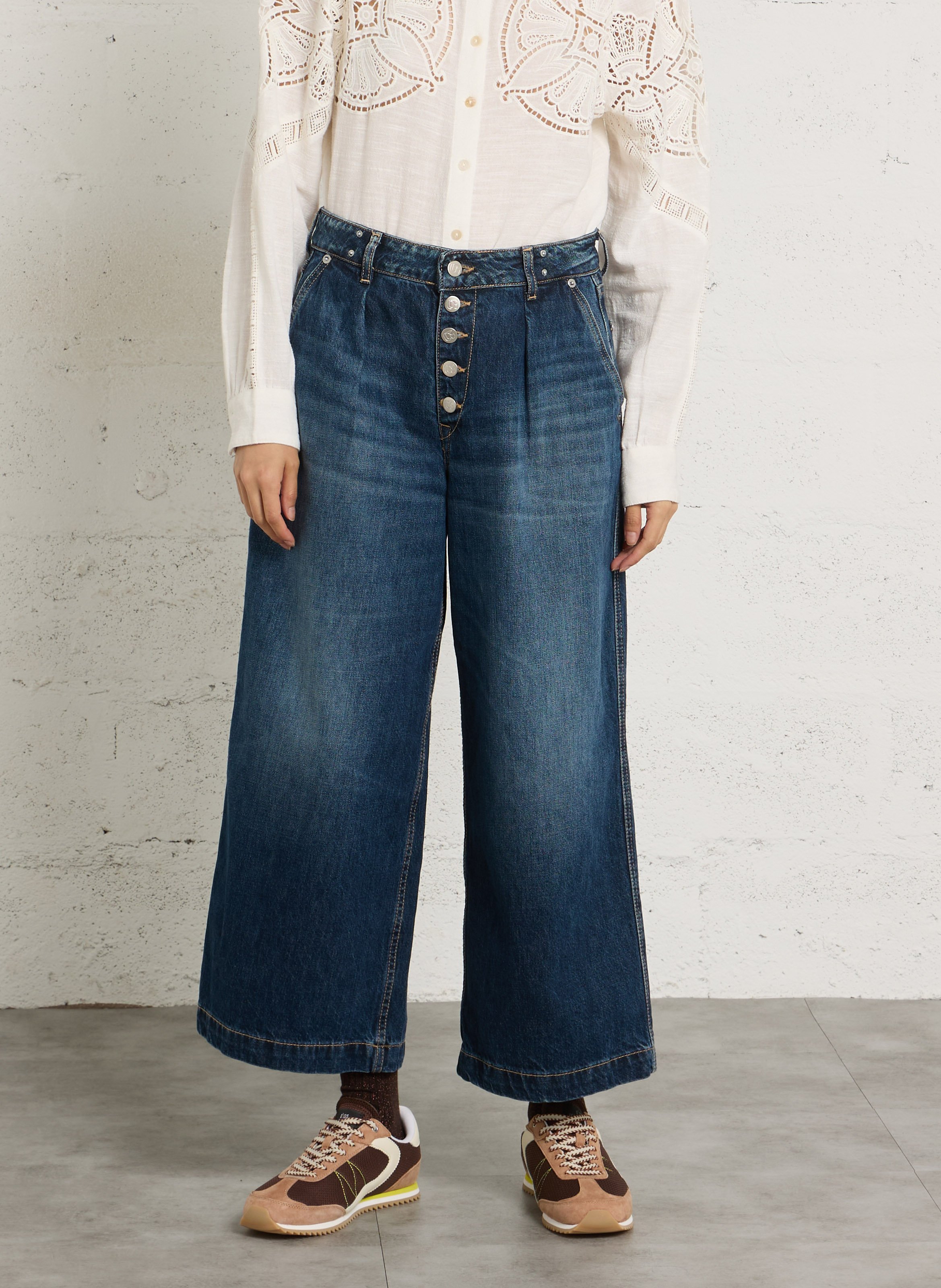 Cropped jeans met wijde pijpen van katoen LE TEMPS DES CERISES Blauw