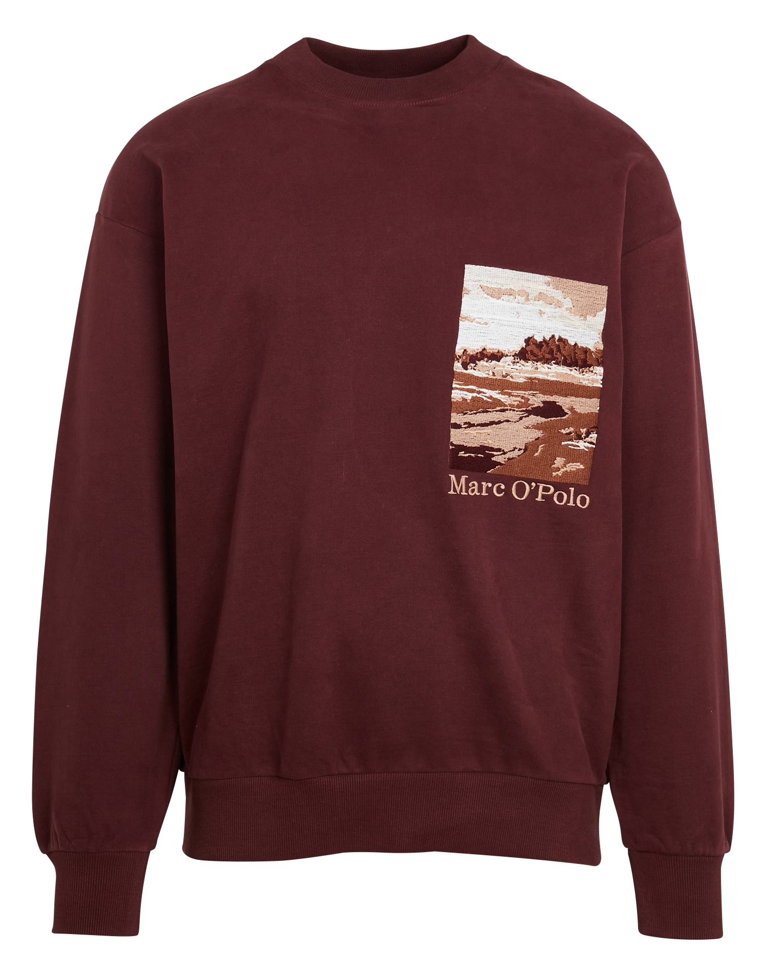 Mode Sweaters Kraagloze sweaters Marc O’Polo Marc O\u2019Polo Kraagloze sweater rood geborduurde letters casual uitstraling 