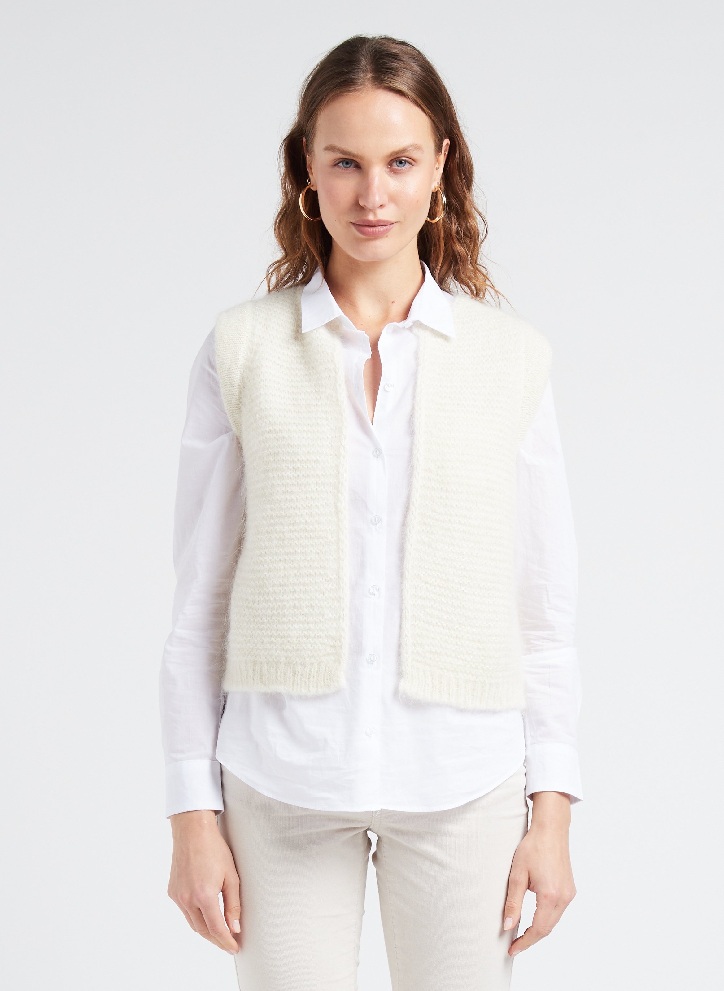 White Straight knitted round neck cardigan