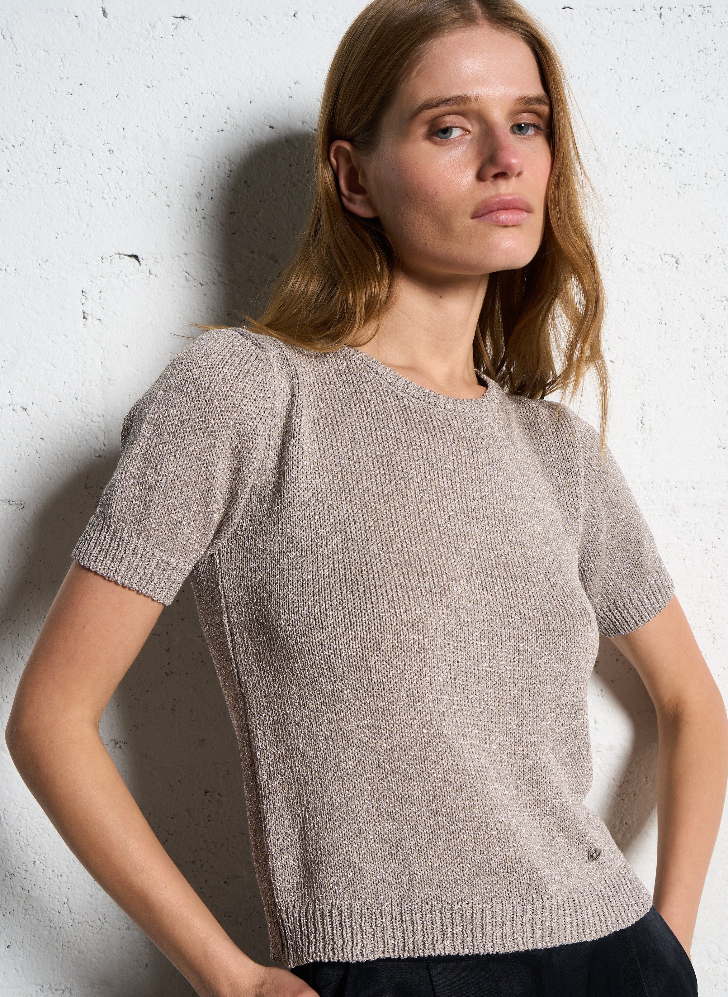 Pull col rond métallisé PLEASE Beige