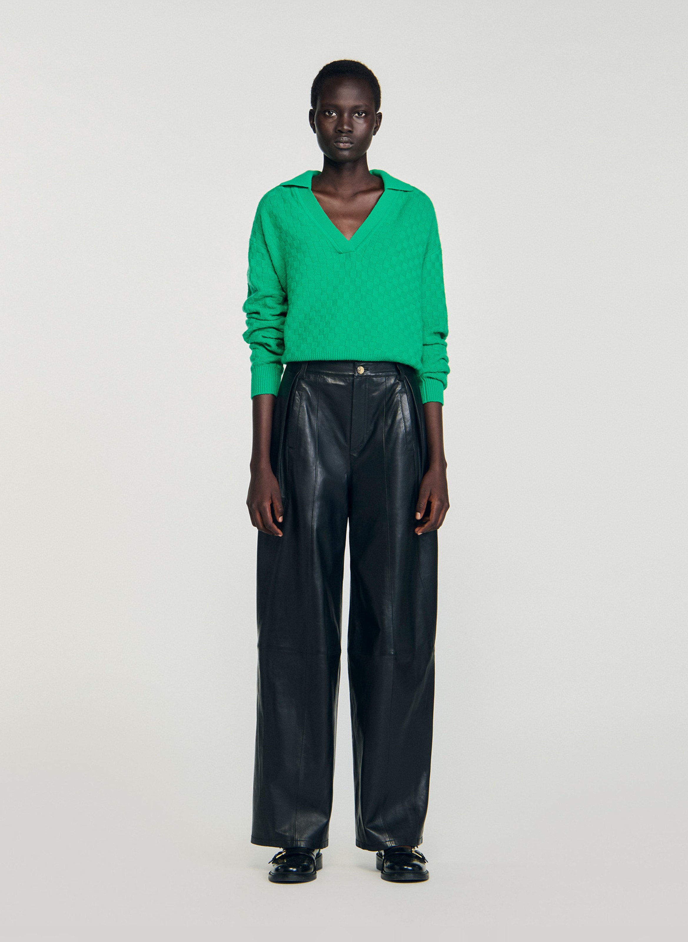 Pantalon large taille haute en cuir SANDRO Noir