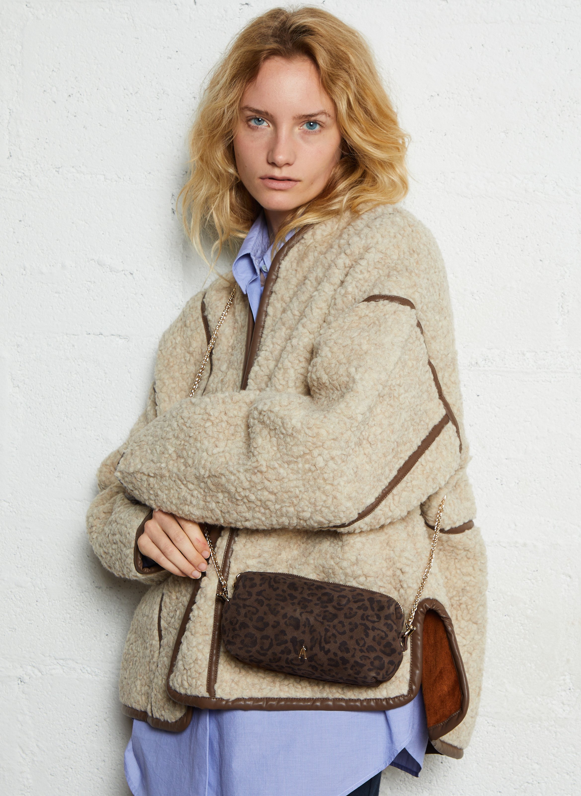 Sac bandoulière en laine de mouton à motif léopard CRAIE STUDIO Marron