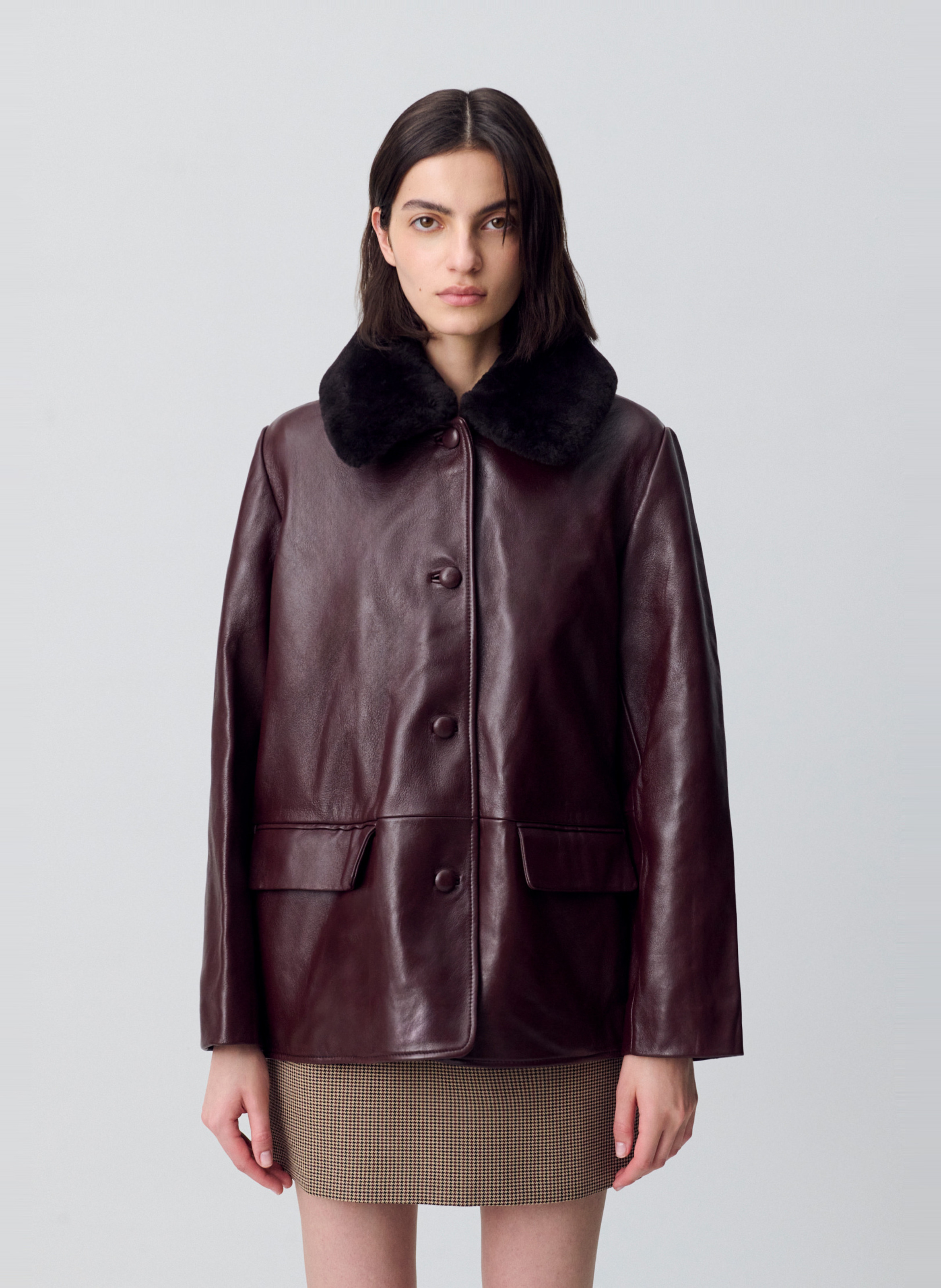 Veste large unie à col fourrure en cuir  CLAUDIE PIERLOT Rouge