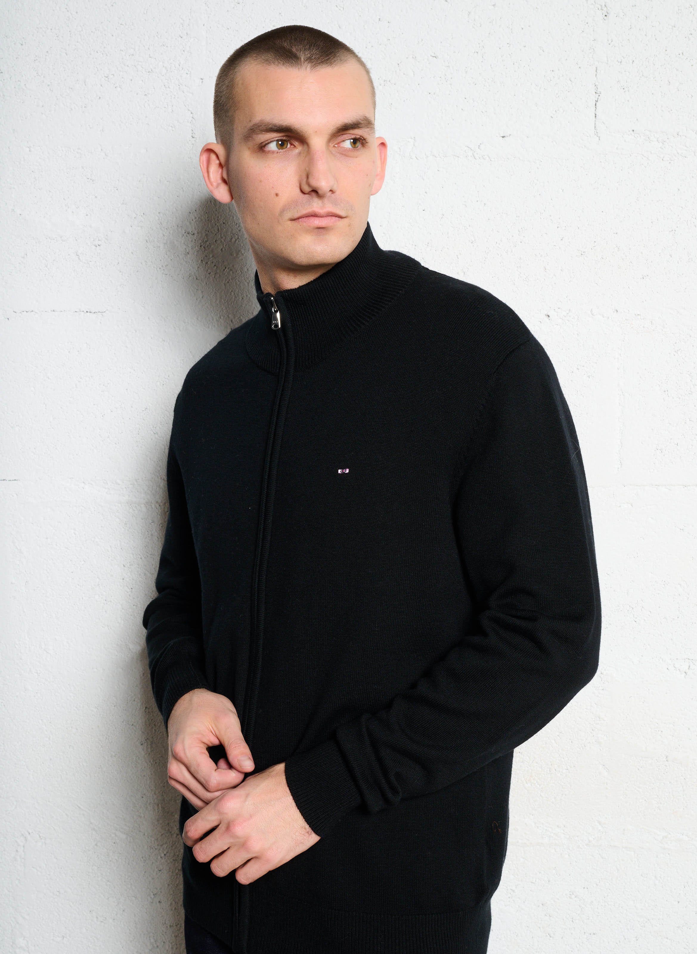 Gilet droit col montant en laine et coton EDEN PARK Noir