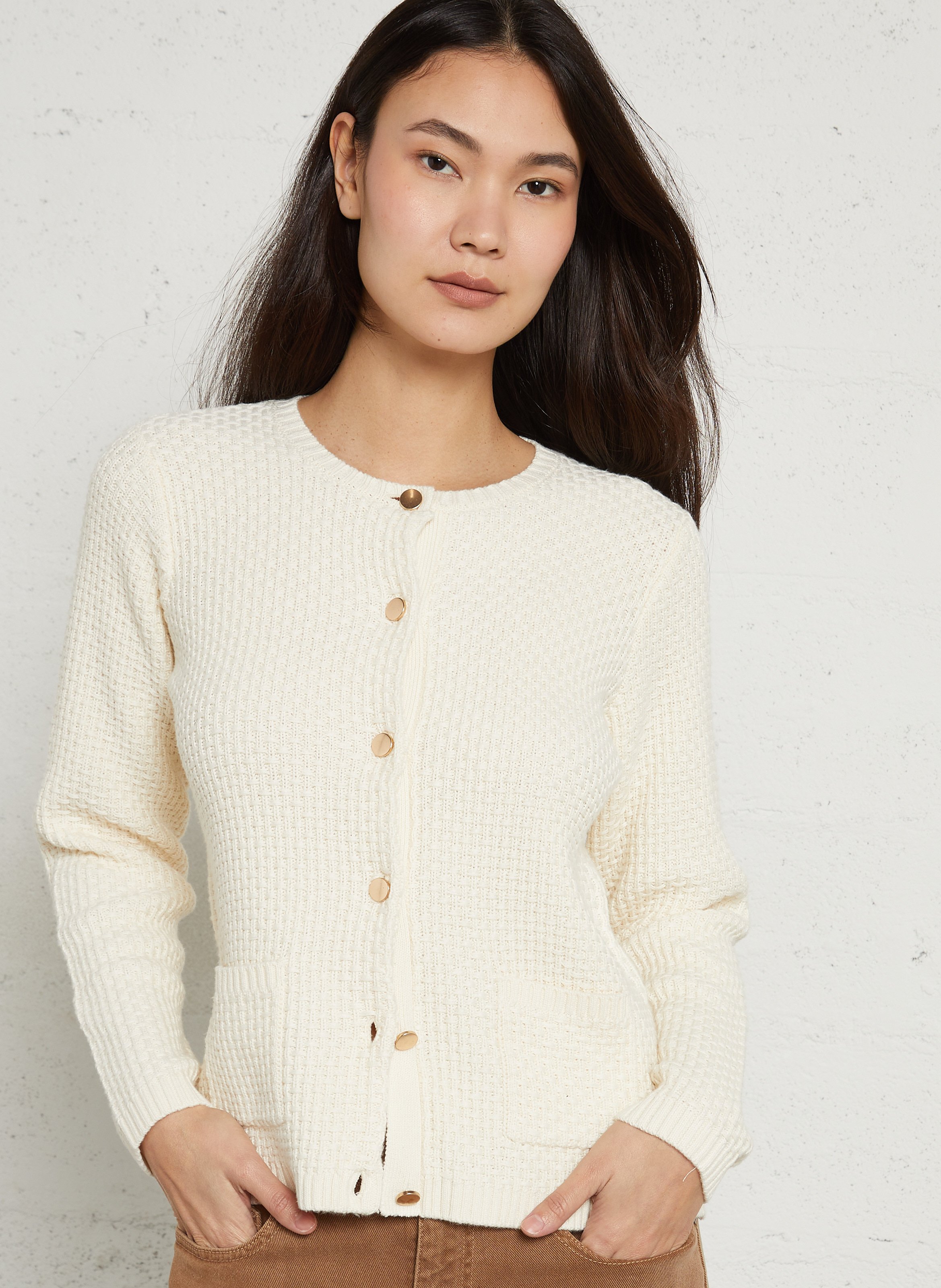 Gilet droit col rond en coton mélangé SUD EXPRESS Beige