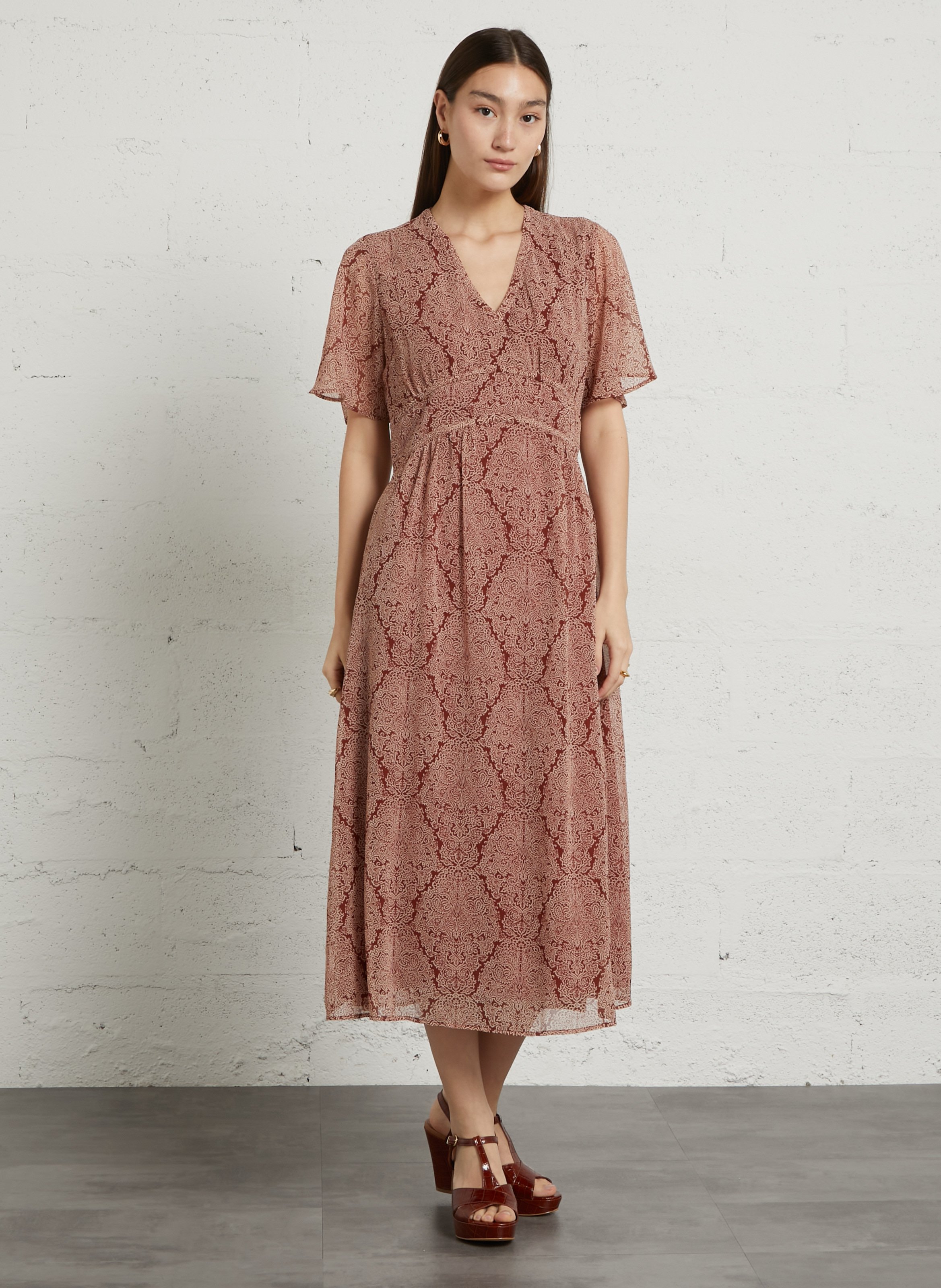 Robe longue col V imprimée MAISON 123 Rouge