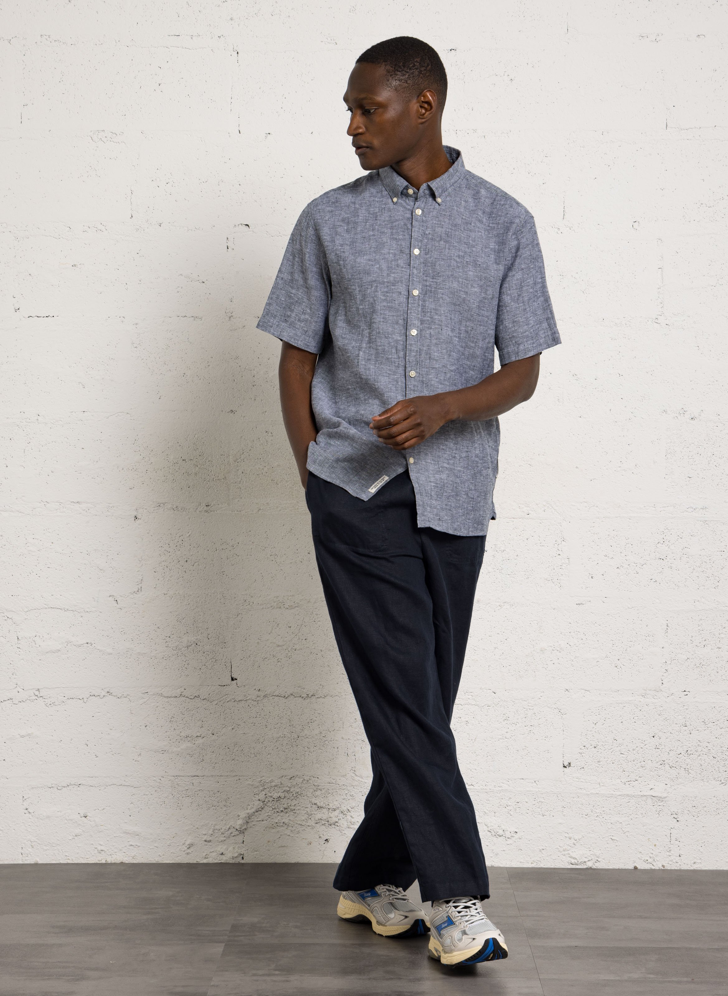 Camisa recta de lino y algodón Azul