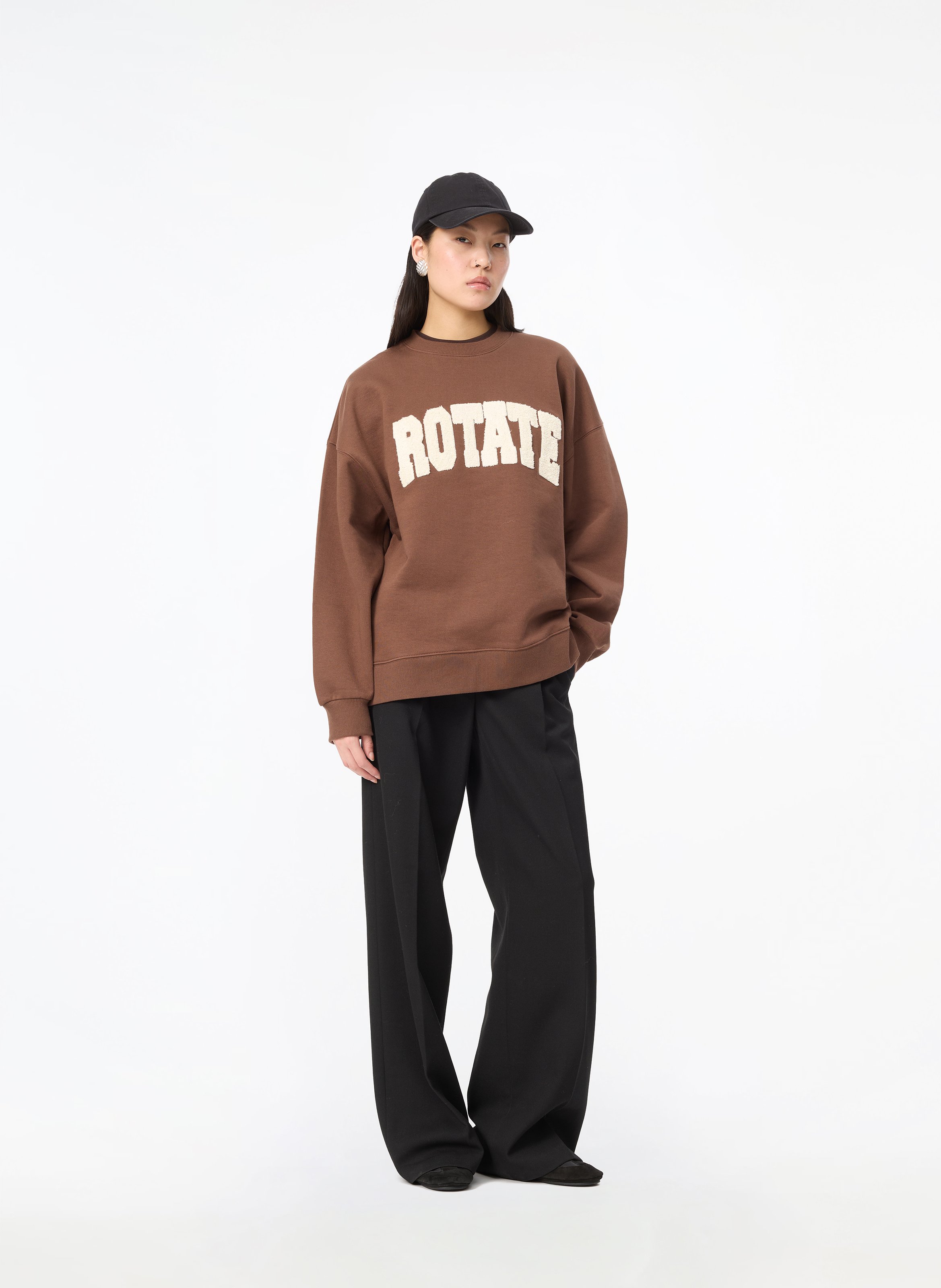 Oversized round neck embroidered sweatshirt ROTATE Brown