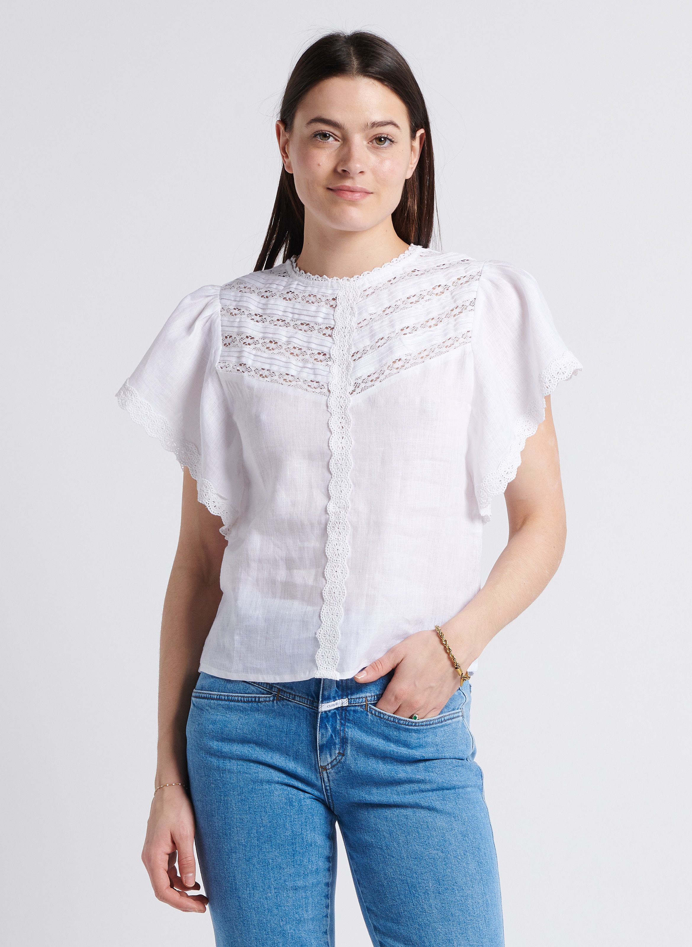 White Linen blouse with lace round neck