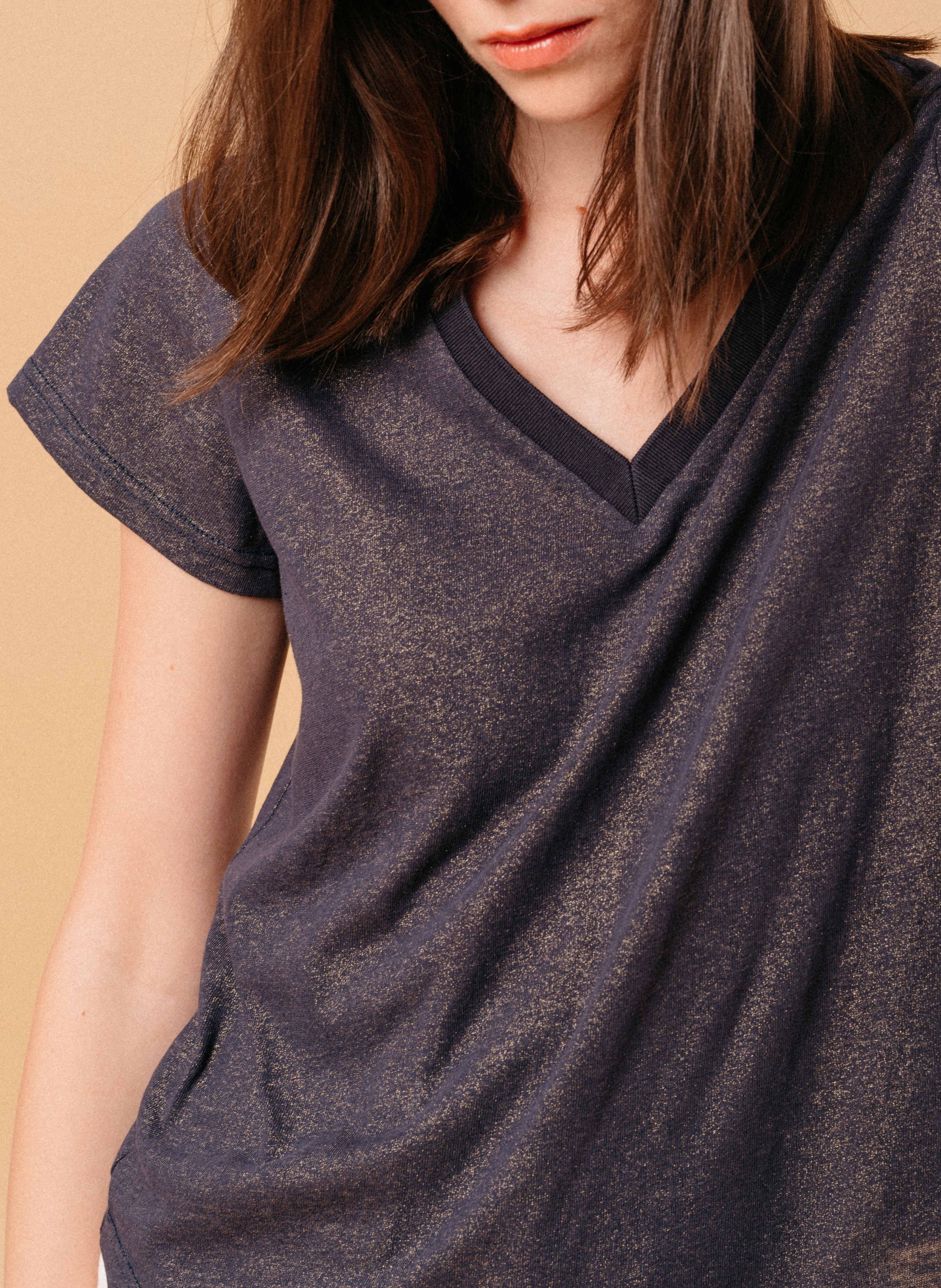 Tee-shirt col V en coton mélangé GRACE ET MILA Bleu