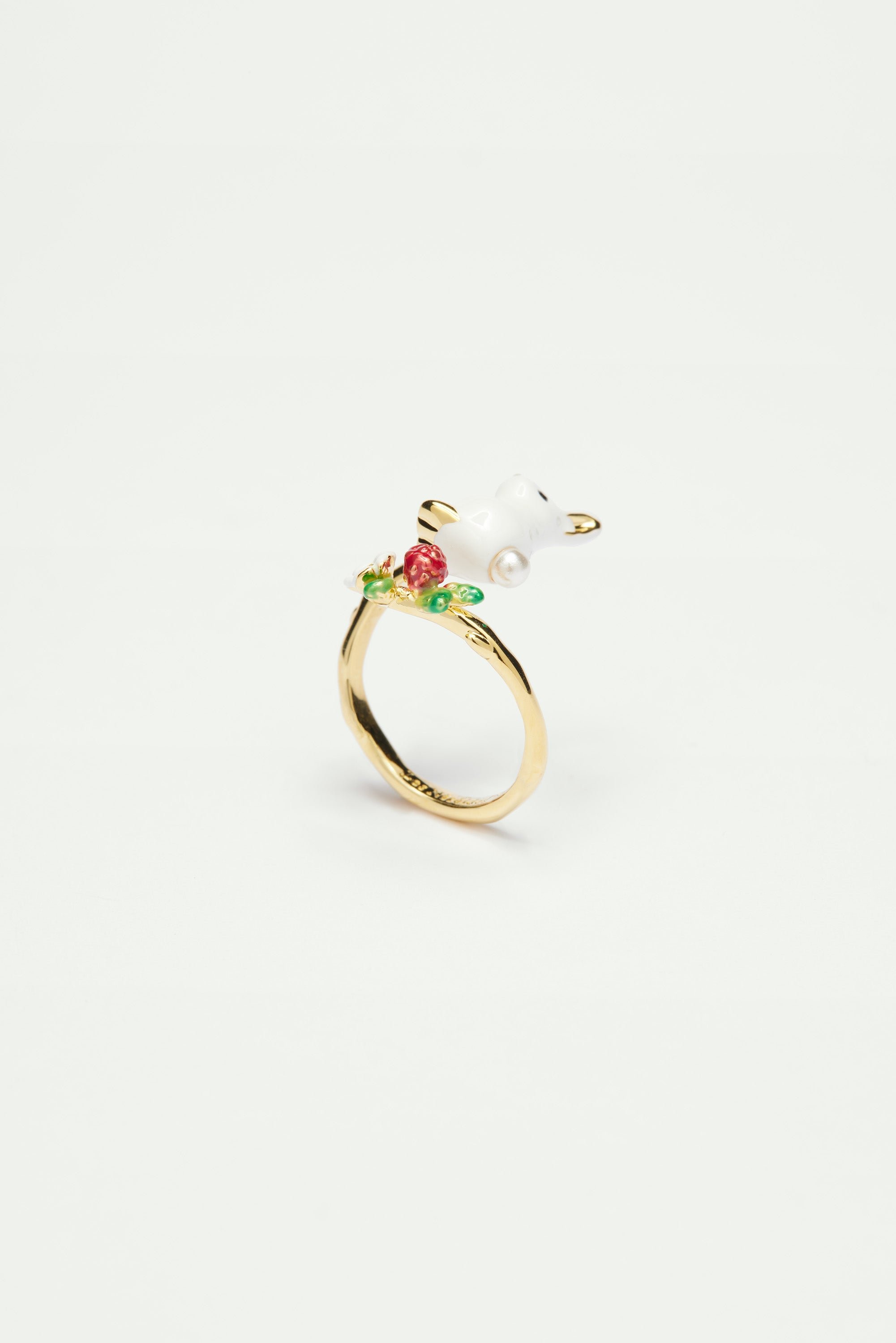 Adjustable ring with rabbit and flower LES NEREIDES White