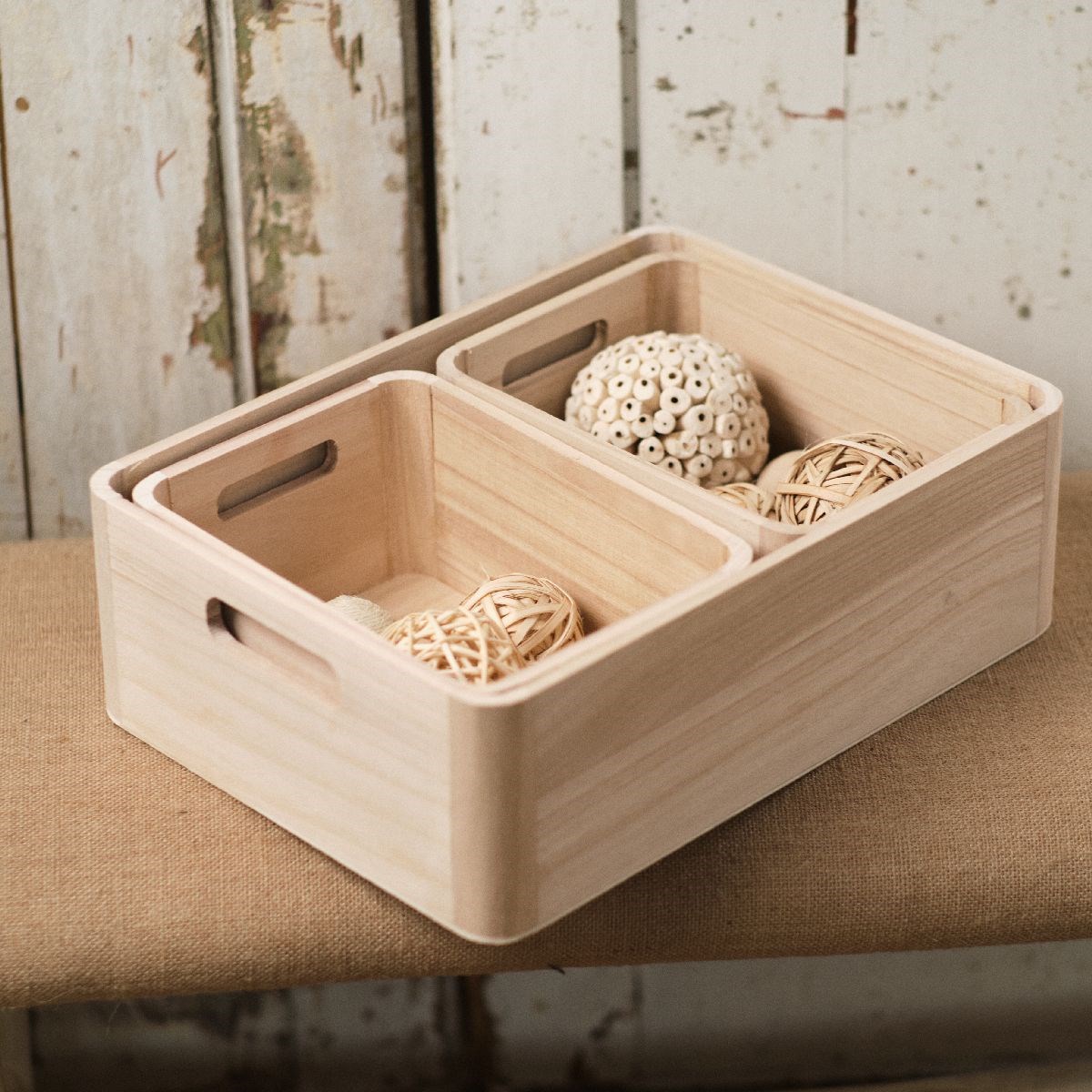 Set of 3 wooden crates FACTORY Beige