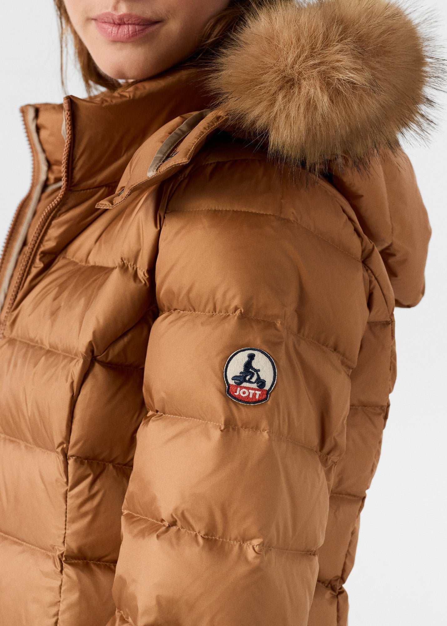 Mid-length puffer coat for extreme cold in pearl JOTT Brown