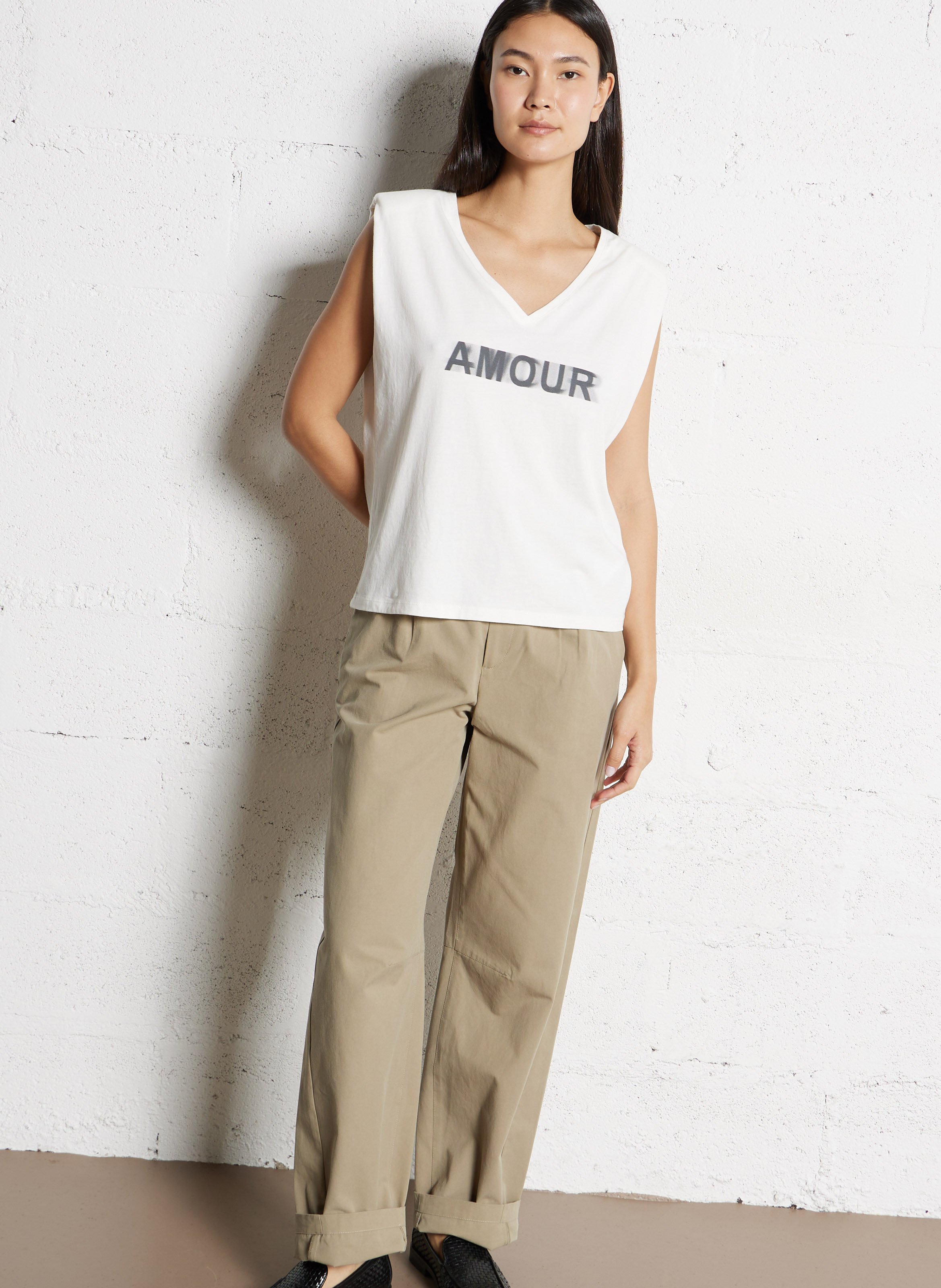 Straight cotton screen-printed V-neck T-shirt IKKS White