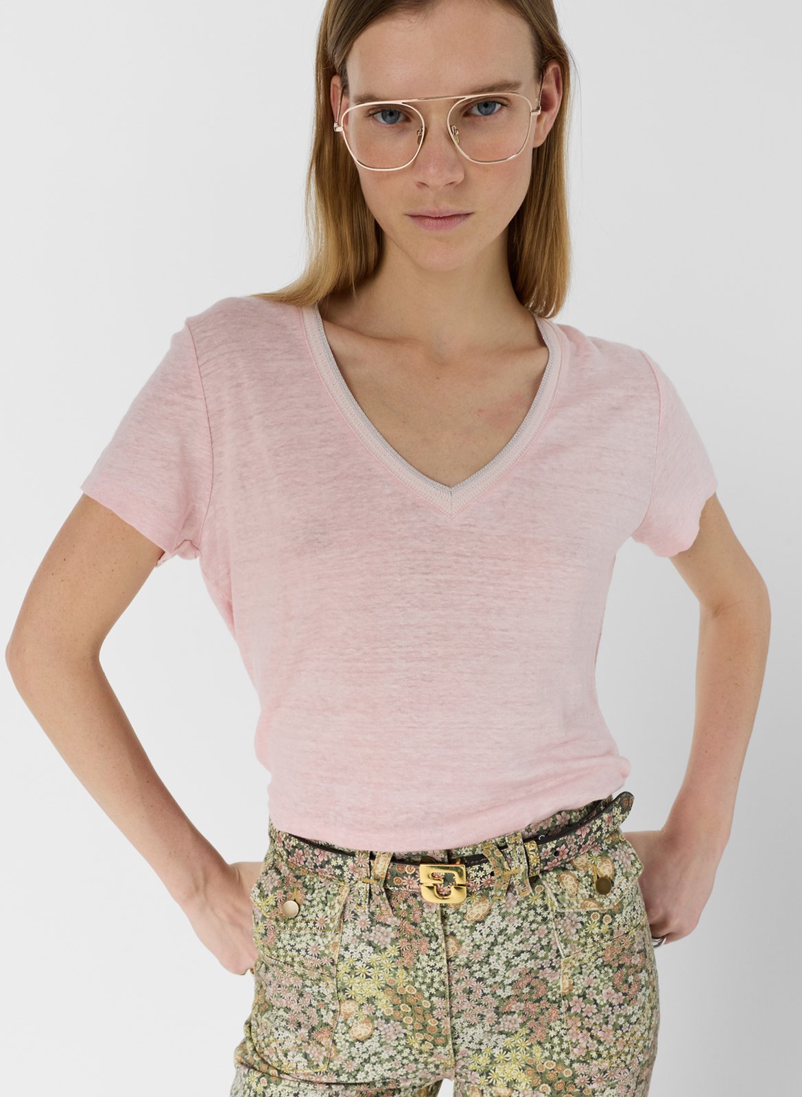 Straight linen t-shirt in plain color GERARD DAREL Pink