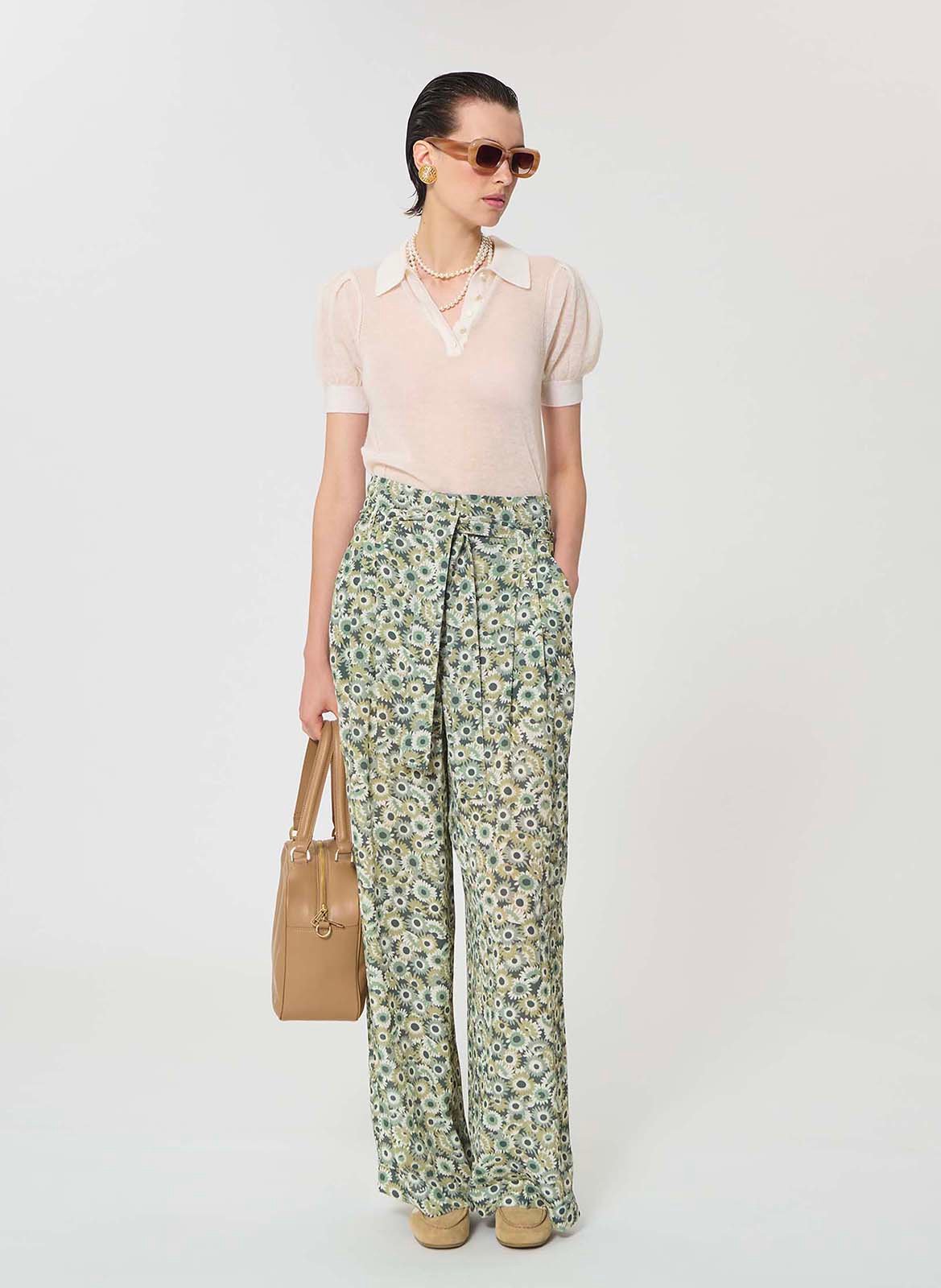 Pantalon ceinturé taille haute à motif TARA JARMON Vert