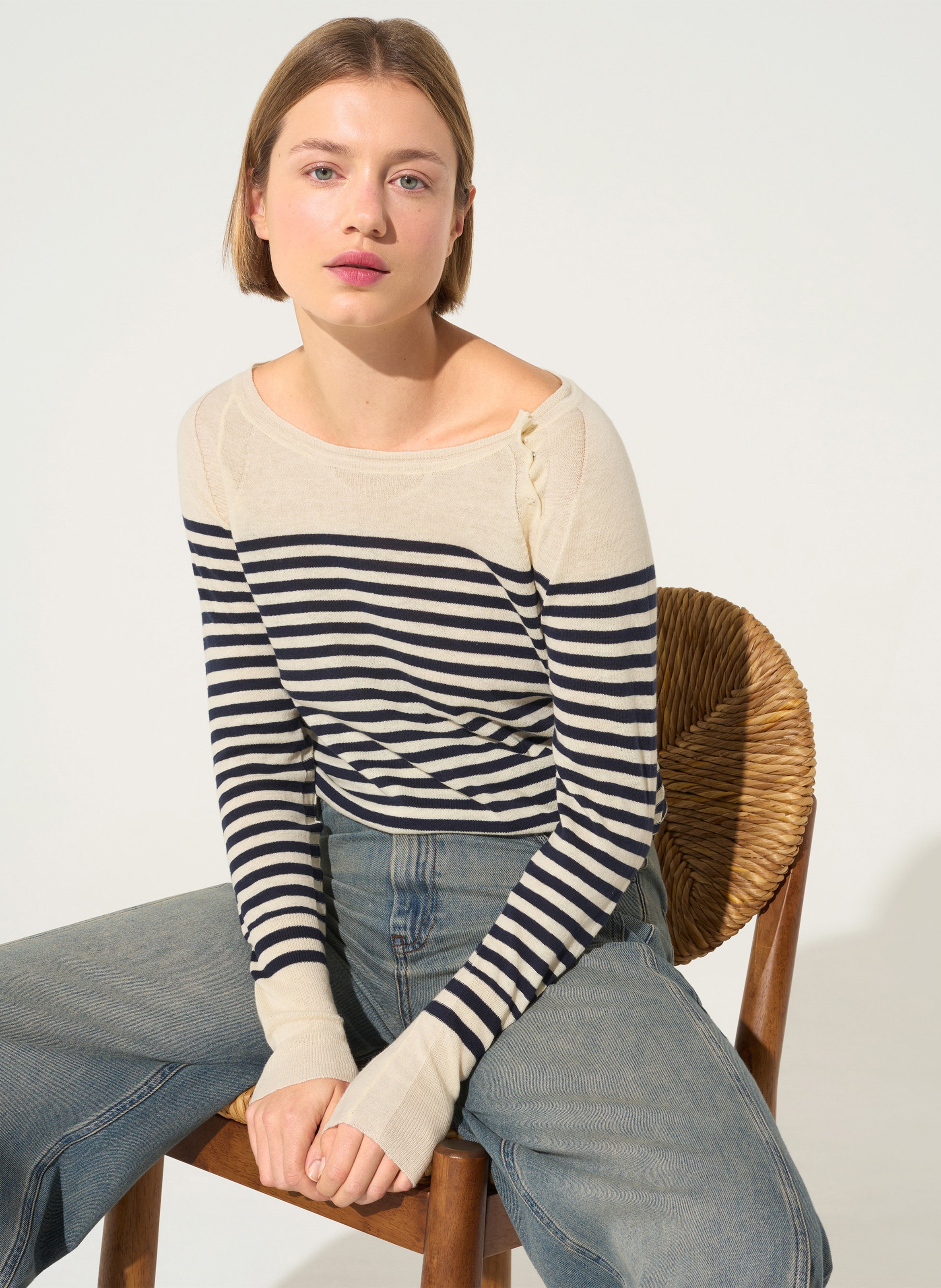 Pull droit col bateau rayé en coton COTELAC ACOTE Blanc