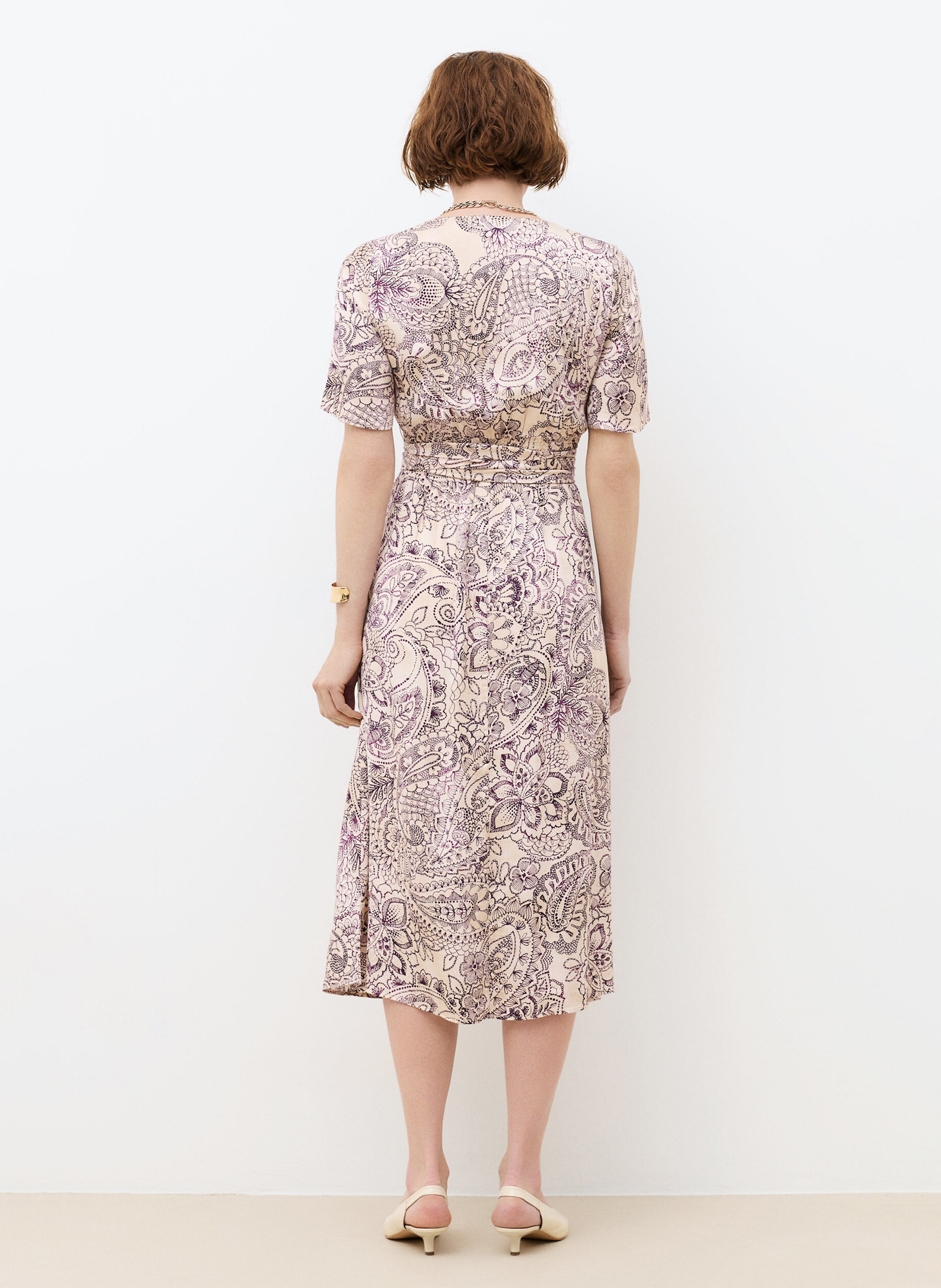 Robe midi col V imprimée CAROLL Beige