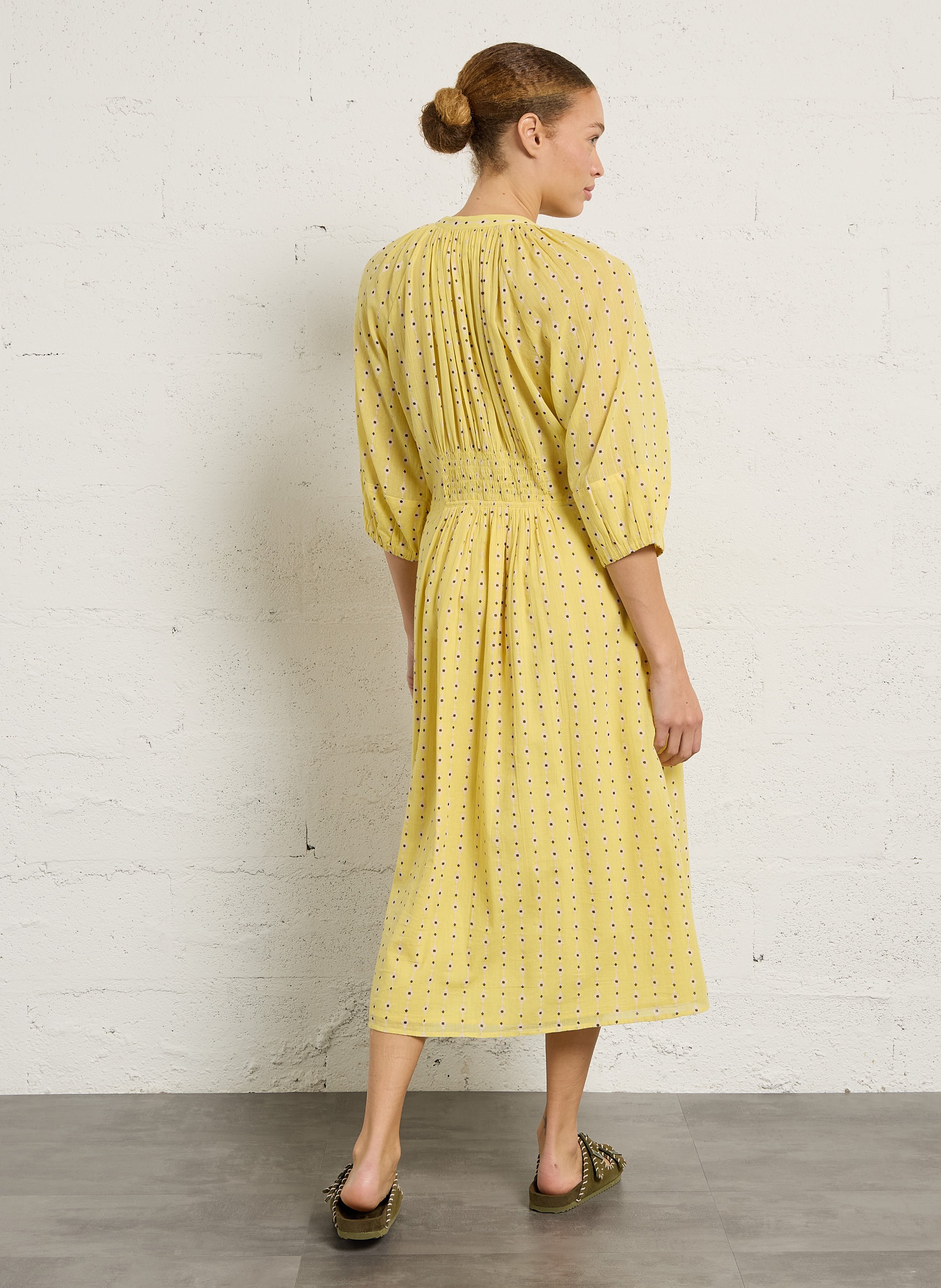 Langes Rundhals-Bio-Baumwolldruckkleid LEON & HARPER Gelb