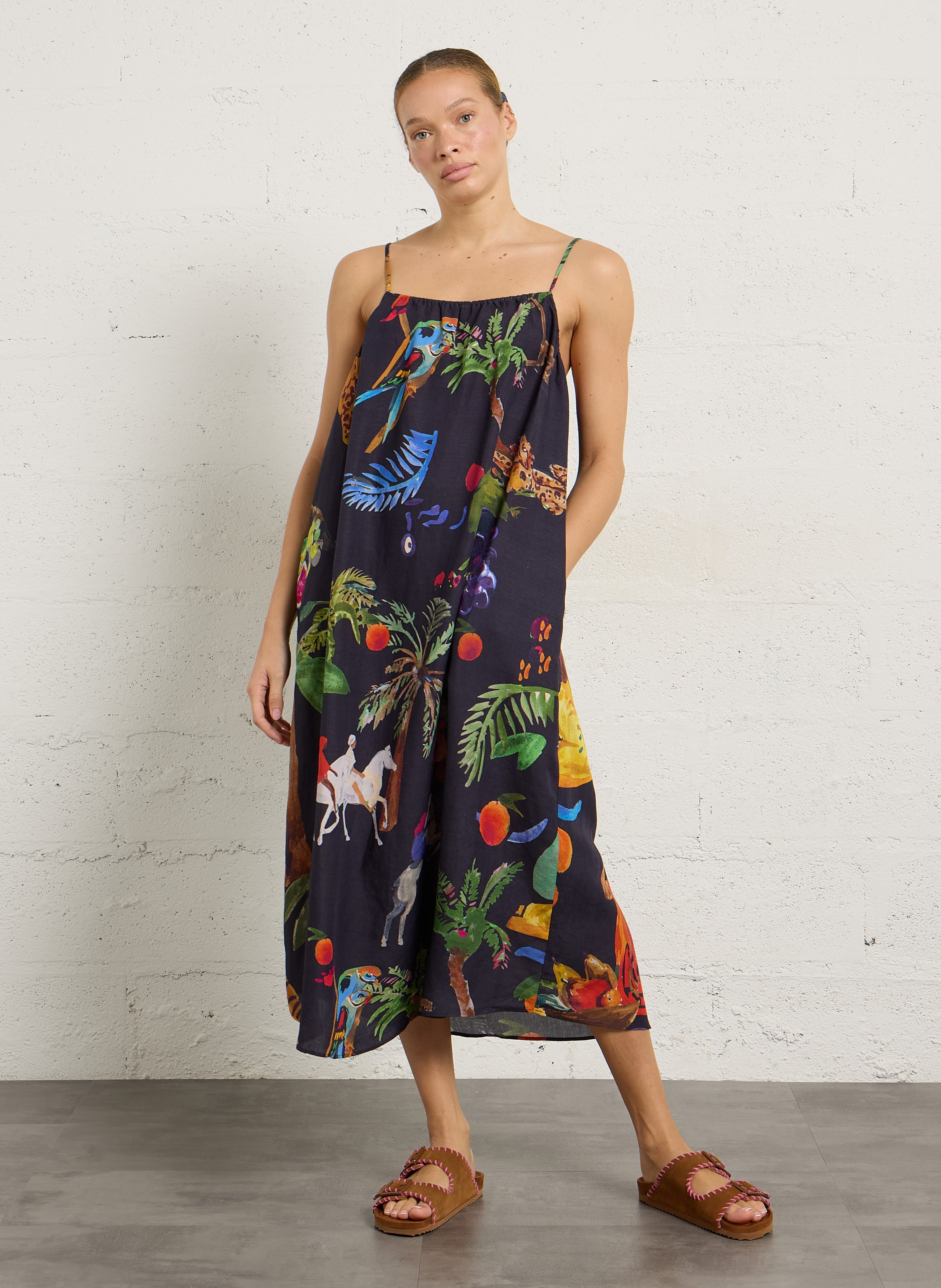Long round neck dress in printed blended linen G.KERO Black