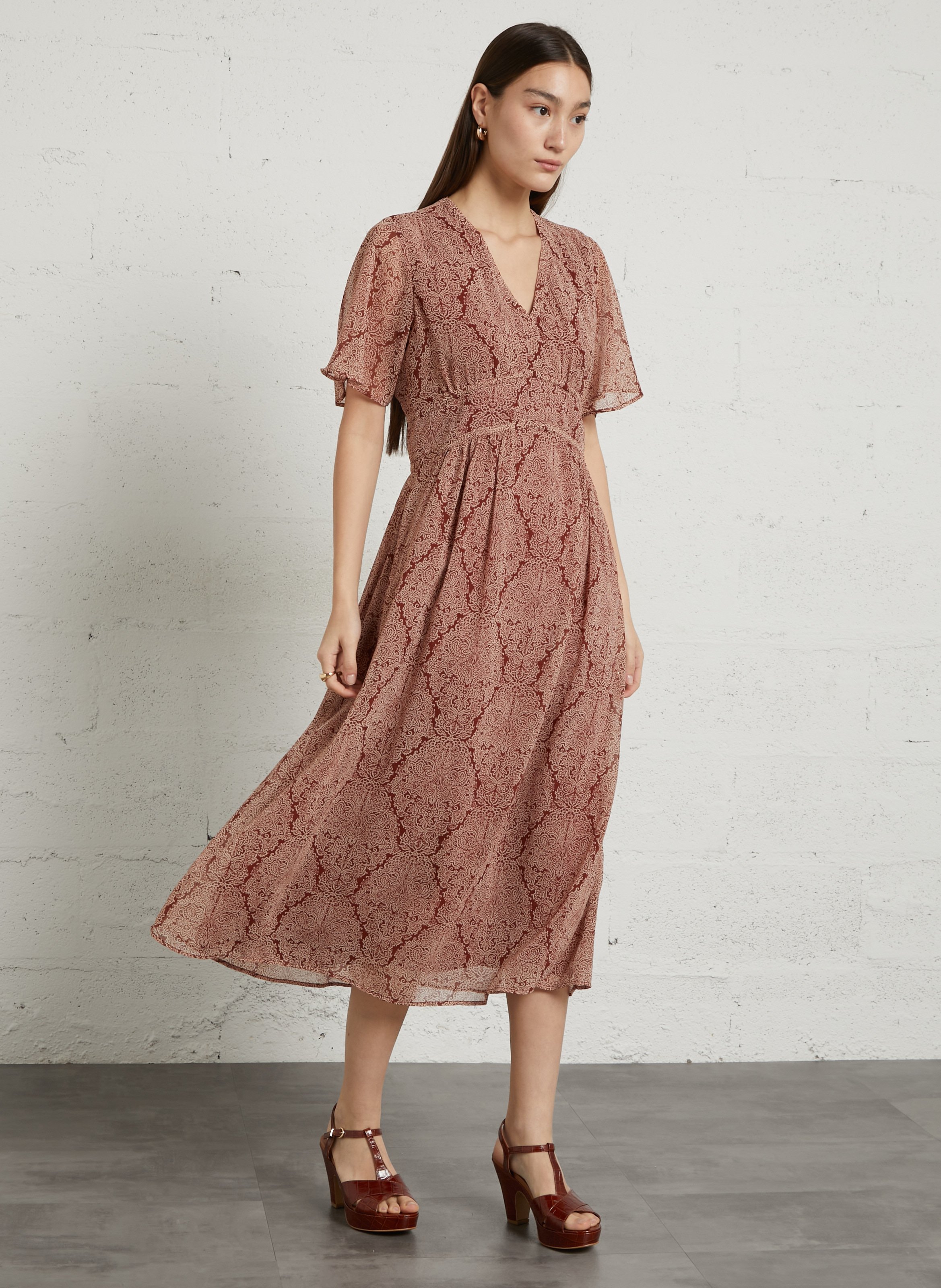 Robe longue col V imprimée MAISON 123 Rouge