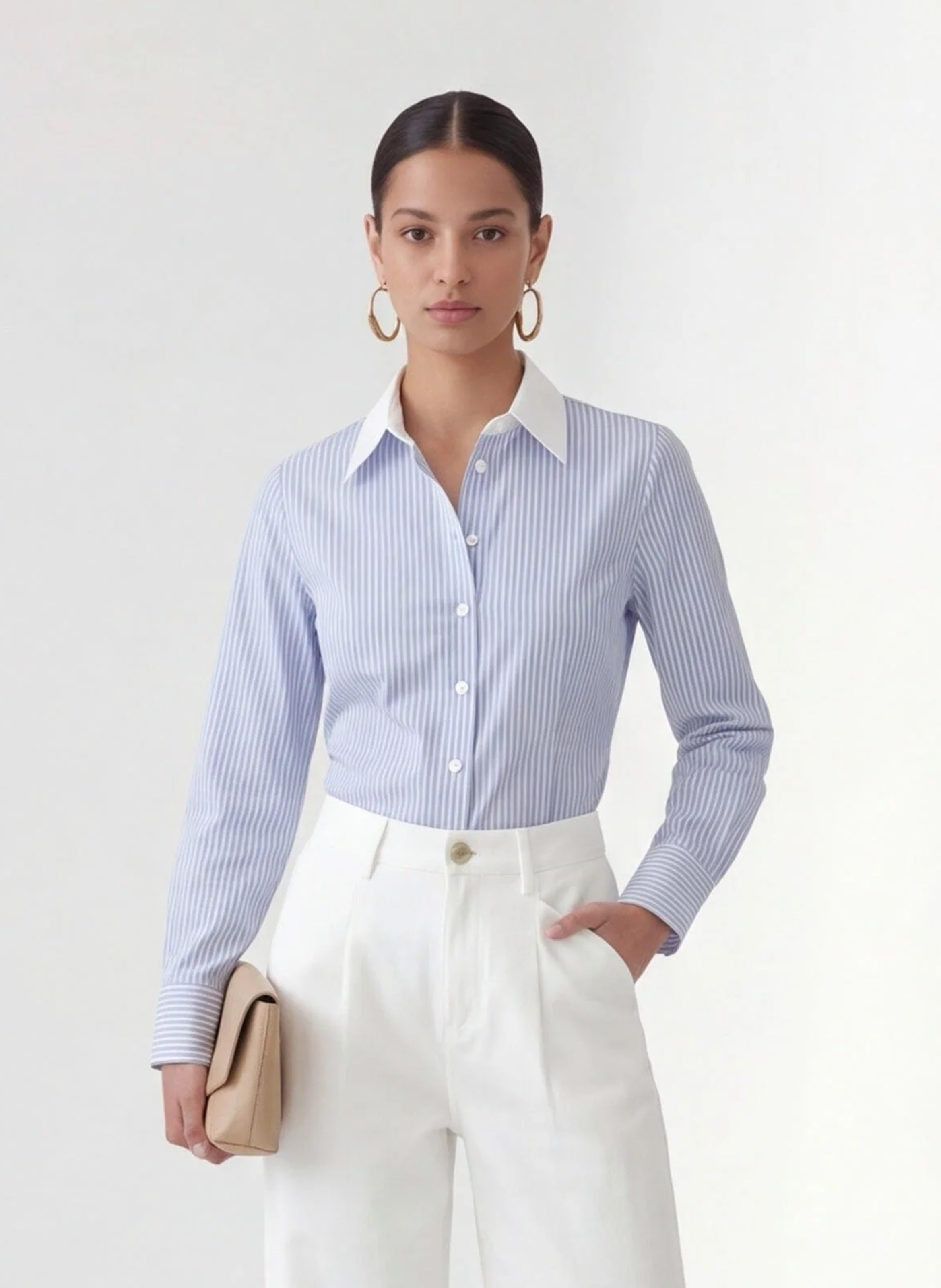 Rechte, gestreepte, katoenen blouse met klassieke kraag KOOKAI