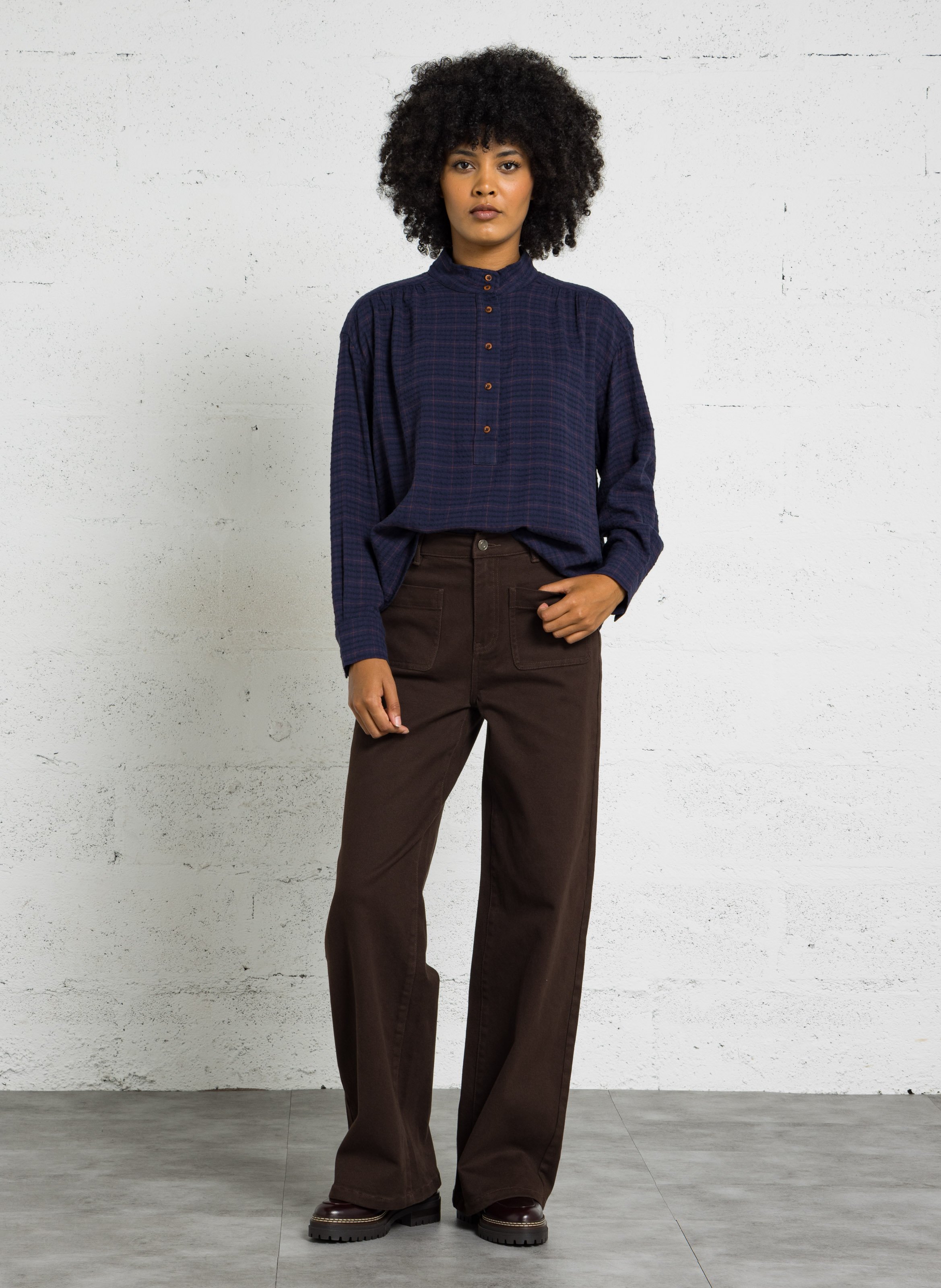 Straight cotton Mao collar blouse SACRECOEUR Blue