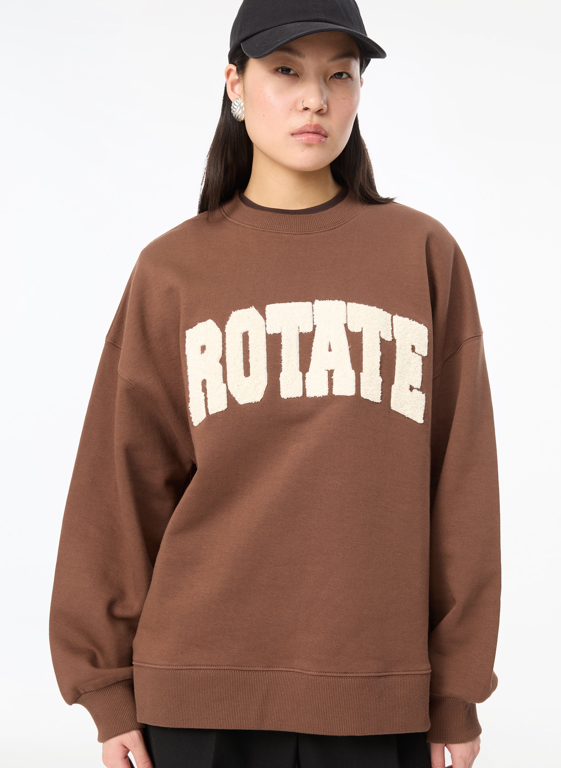 Oversized round neck embroidered sweatshirt ROTATE Brown