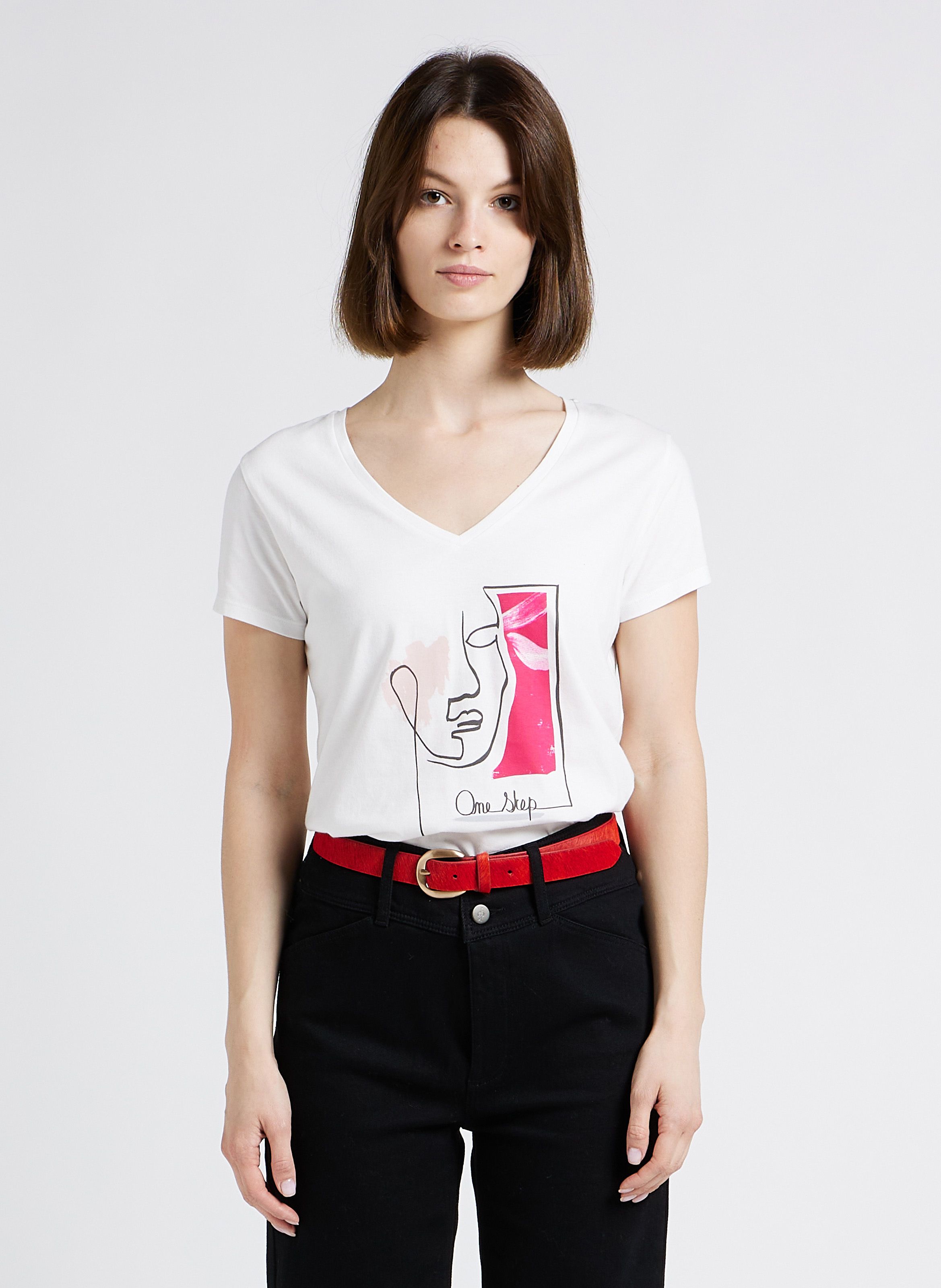 Tee shirt col V imprim en coton Rose